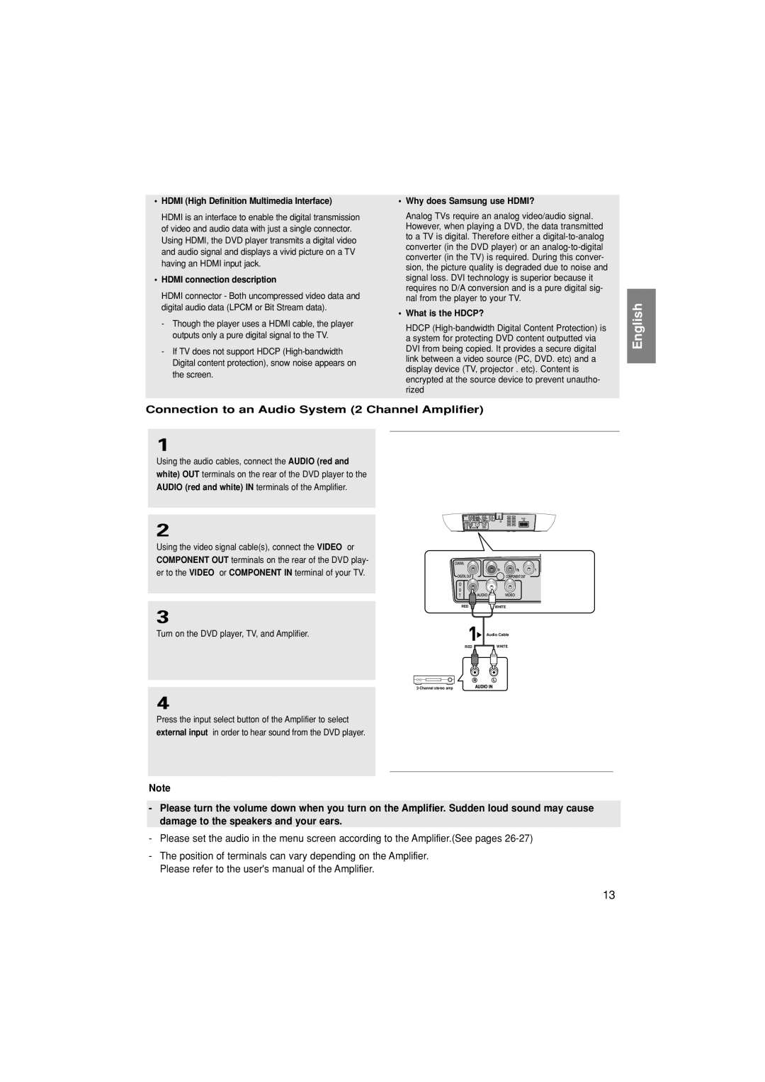 Samsung DVD-FP580/SAM, DVD-F1080/SAM manual Connection to an Audio System 2 Channel Amplifier 