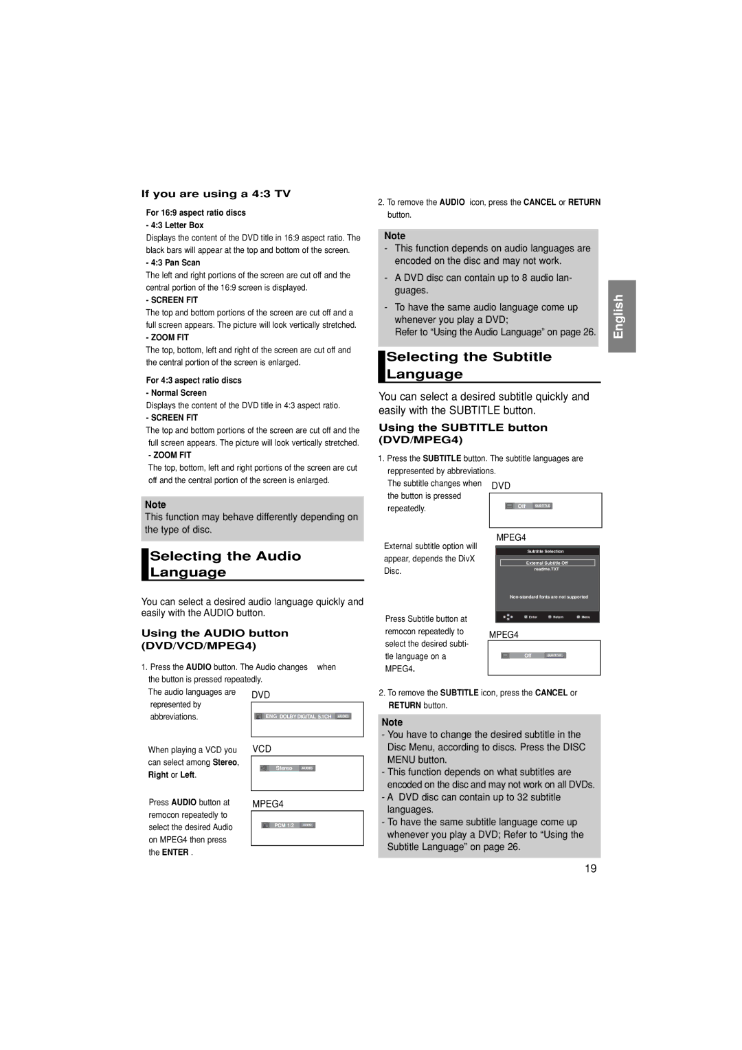 Samsung DVD-FP580/SAM manual Selecting the Audio Language, Selecting the Subtitle Language, If you are using a 43 TV 