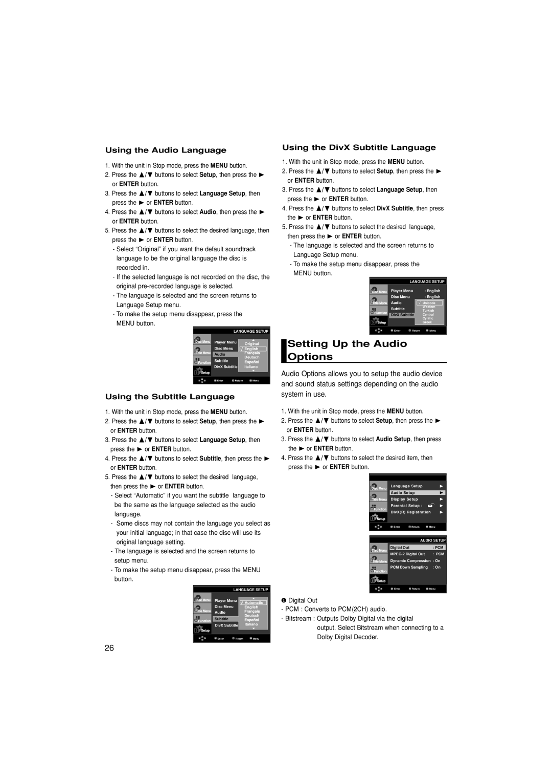 Samsung DVD-F1080/SAM, DVD-FP580/SAM Setting Up the Audio Options, Using the Audio Language, Using the Subtitle Language 