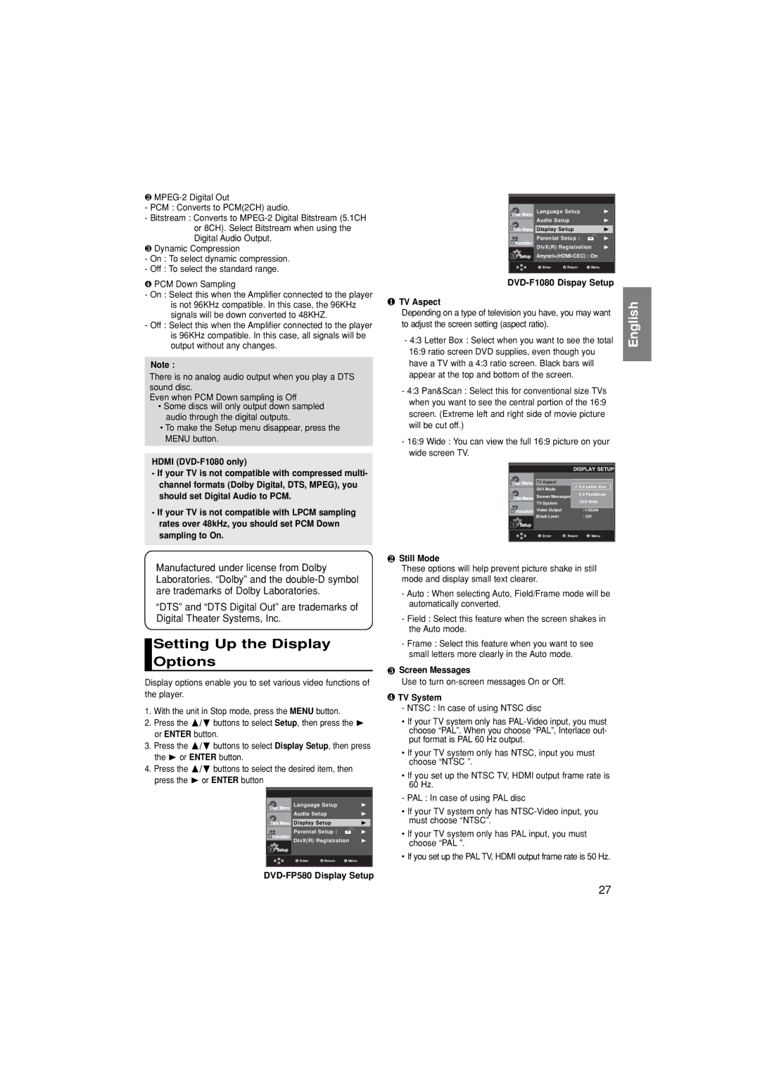 Samsung DVD-FP580/SAM, DVD-F1080/SAM manual Setting Up the Display Options 