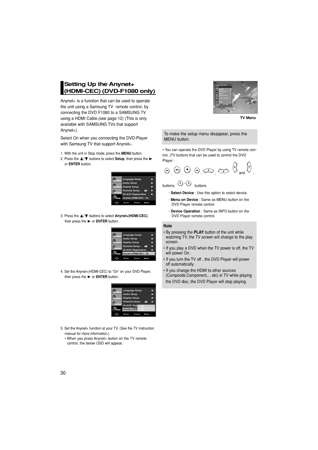 Samsung DVD-F1080/SAM, DVD-FP580/SAM manual Setting Up the Anynet+ HDMI-CEC DVD-F1080 only, TV Menu 