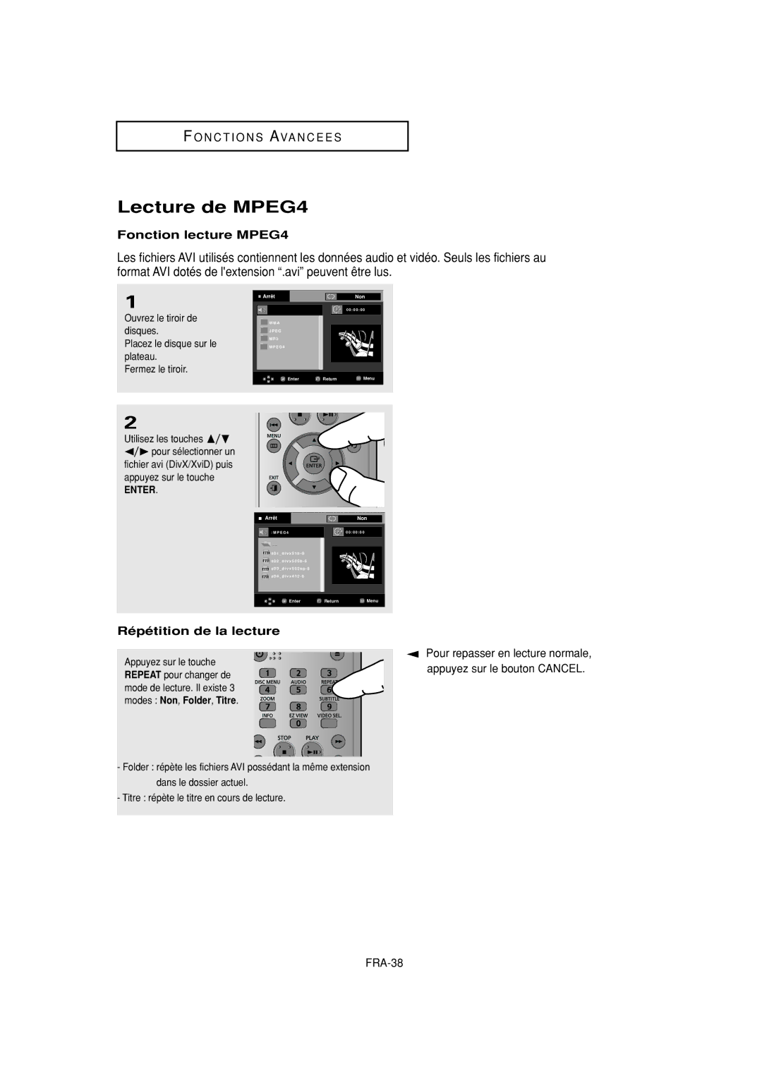 Samsung DVD-F1080W, DVD-FP580W manual Lecture de MPEG4, Fonction lecture MPEG4, Répétition de la lecture 