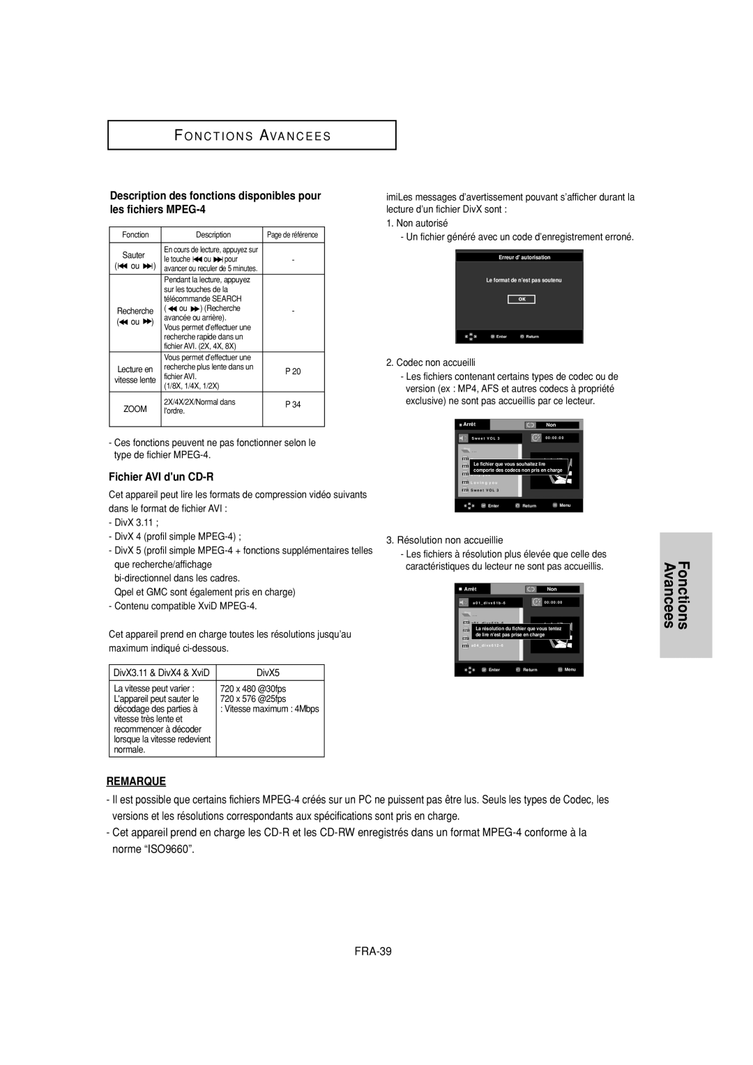 Samsung DVD-FP580W, DVD-F1080W manual Fichier AVI dun CD-R, Codec non accueilli, Résolution non accueillie 