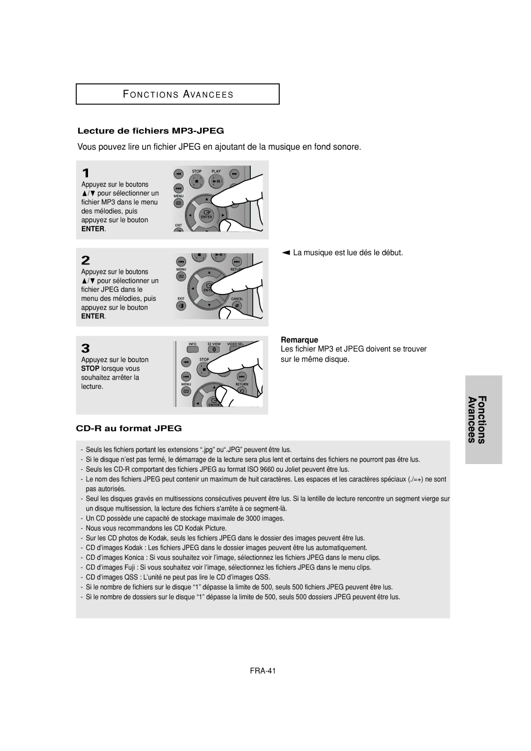 Samsung DVD-FP580W, DVD-F1080W manual Lecture de fichiers MP3-JPEG, CD-R au format Jpeg Remarque 