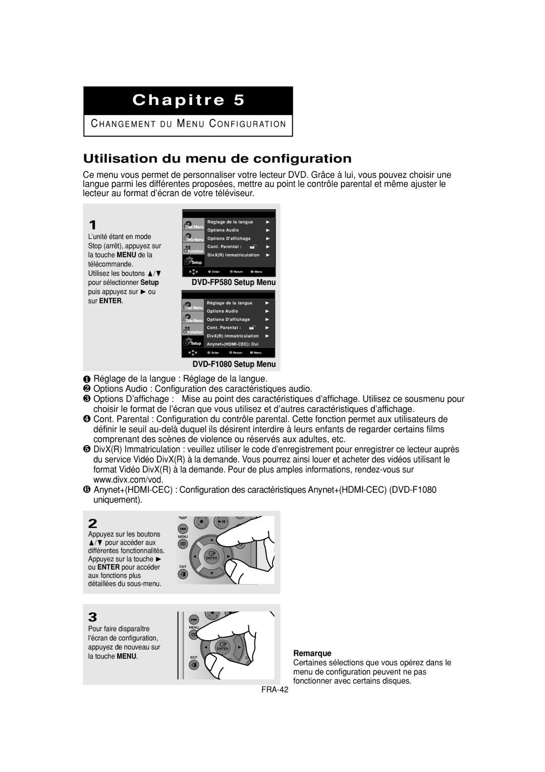 Samsung DVD-F1080W, DVD-FP580W manual Utilisation du menu de configuration, DVD-FP580 Setup Menu 