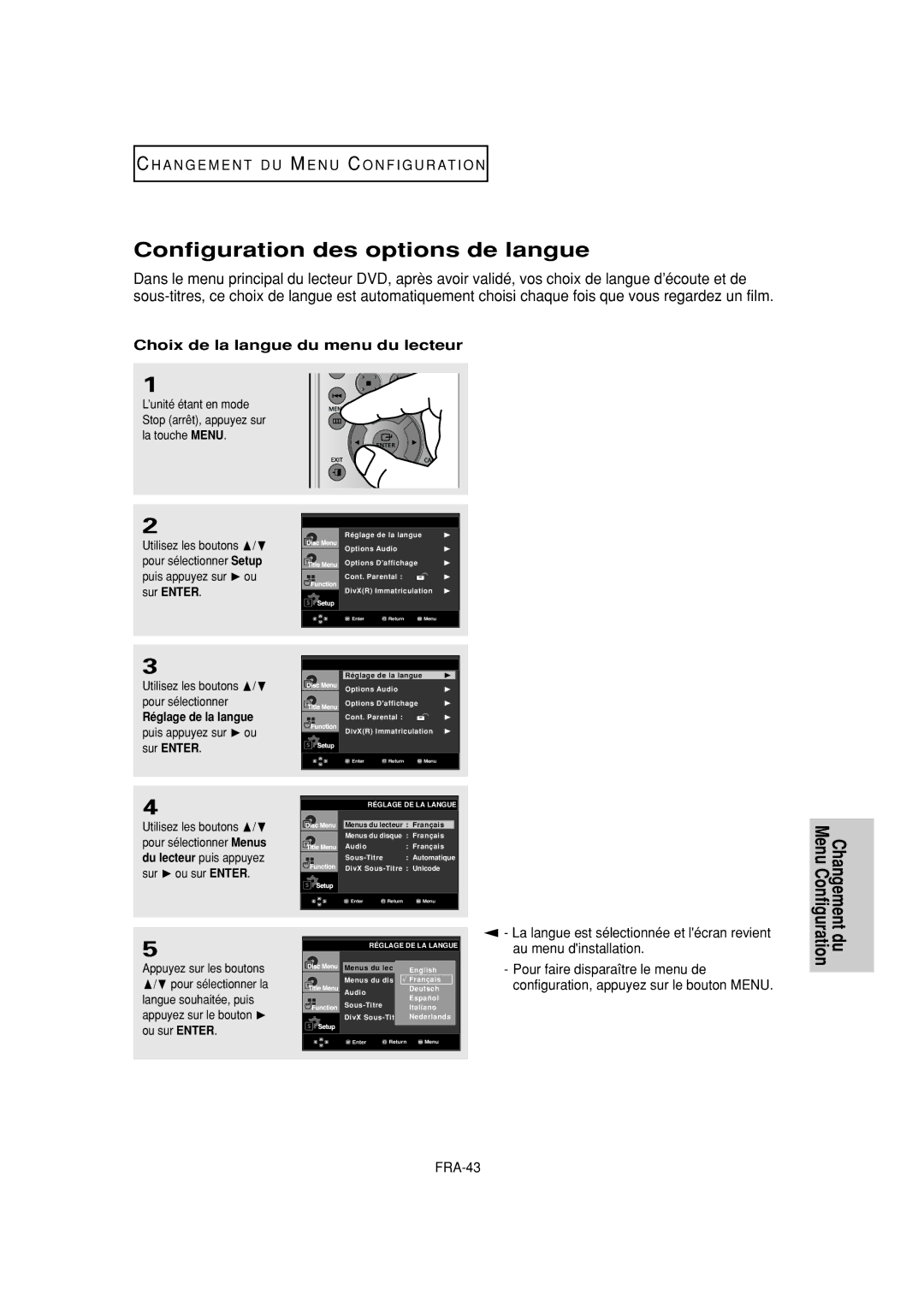 Samsung DVD-FP580W, DVD-F1080W Configuration des options de langue, Changement du Menu Configuration, Réglage de la langue 