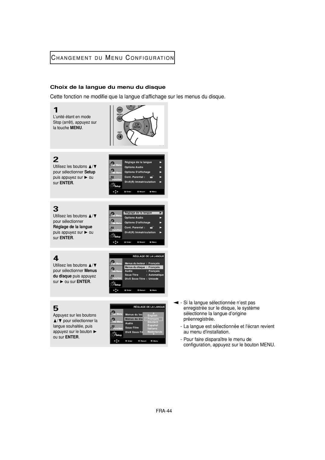 Samsung DVD-F1080W, DVD-FP580W manual Choix de la langue du menu du disque, Utilisez les boutons / pour sélectionner 