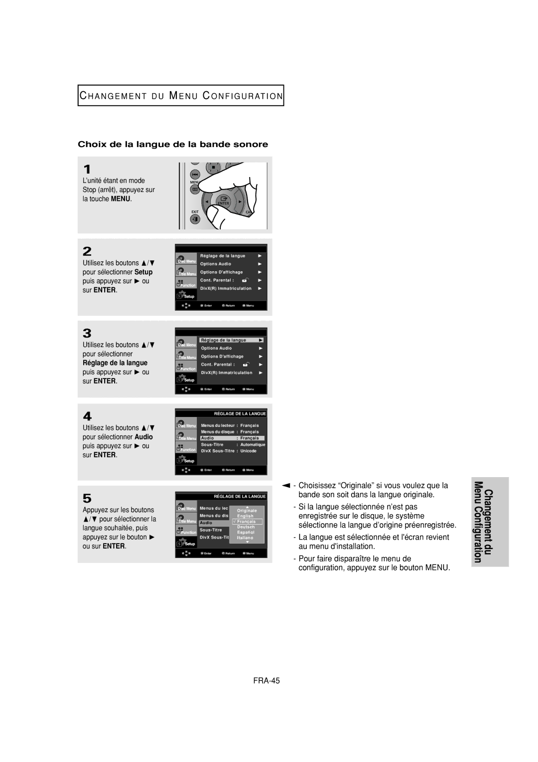 Samsung DVD-FP580W, DVD-F1080W manual Choix de la langue de la bande sonore 