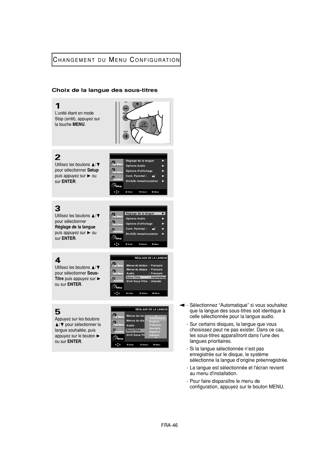 Samsung DVD-F1080W, DVD-FP580W manual Choix de la langue des sous-titres 