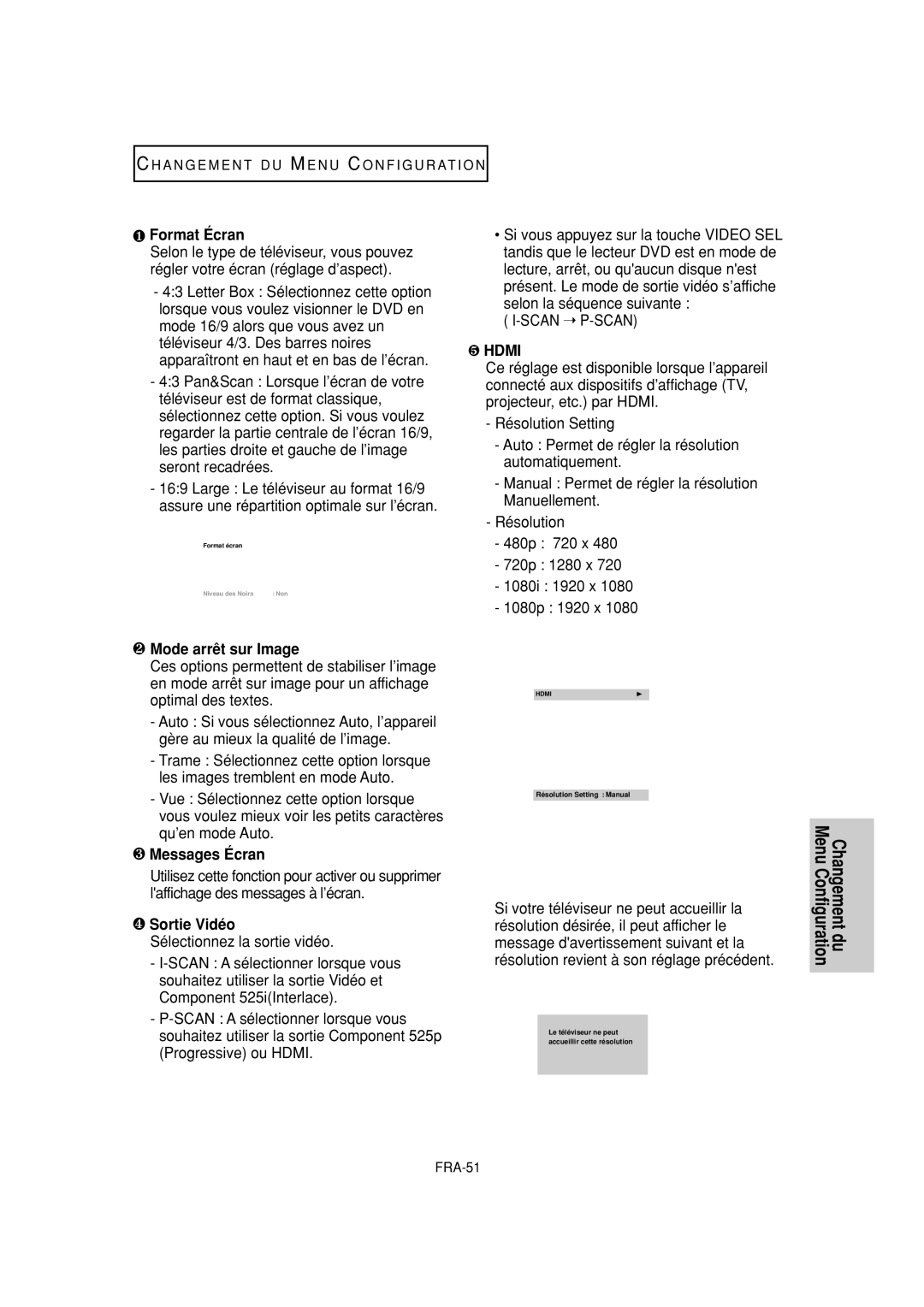 Samsung DVD-FP580W, DVD-F1080W manual ❶ Format Écran, ❷ Mode arrêt sur Image, ❸ Messages Écran, ❹ Sortie Vidéo 