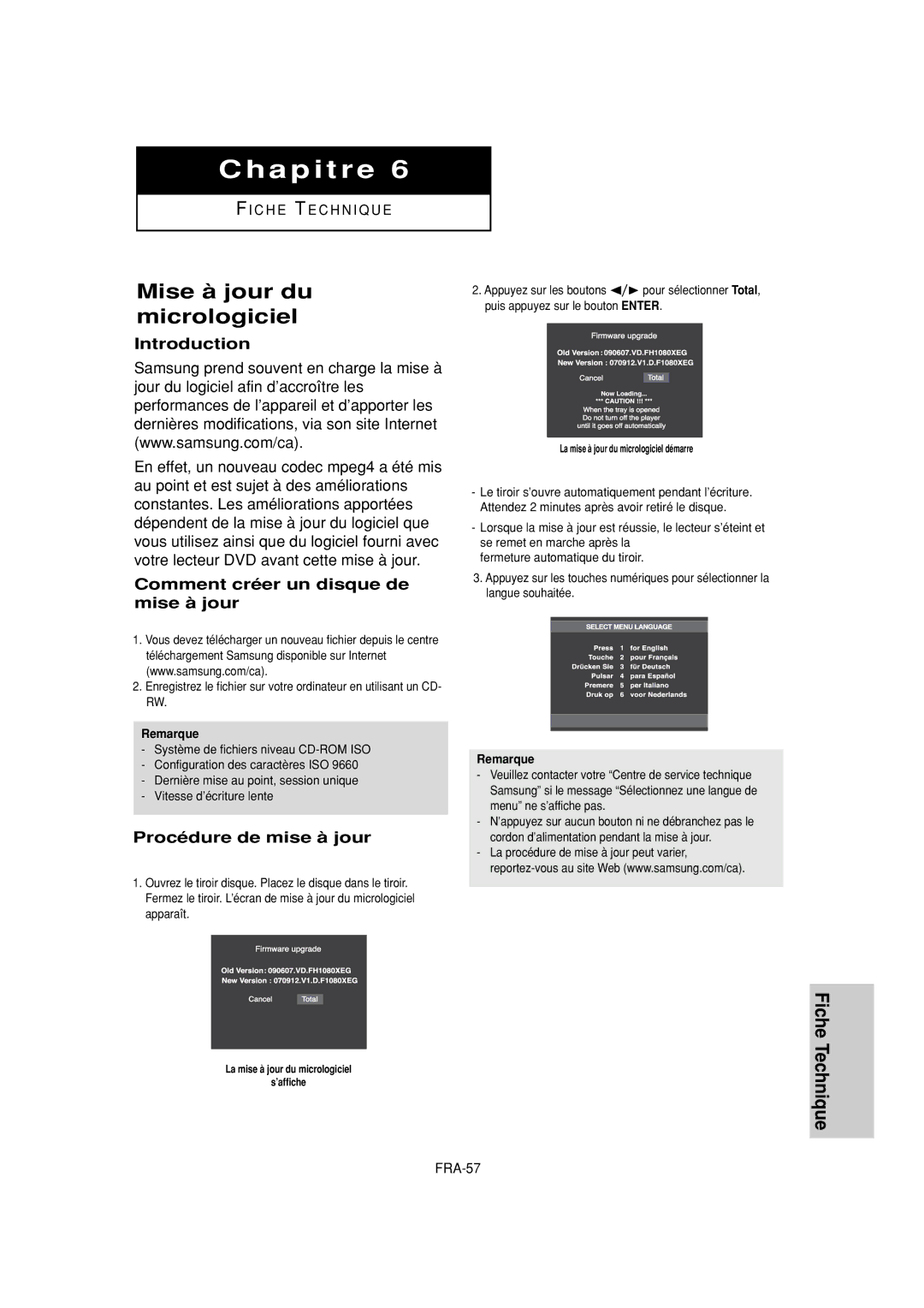 Samsung DVD-FP580W, DVD-F1080W manual Mise à jour du, Micrologiciel, Comment créer un disque de, Procédure de mise à jour 