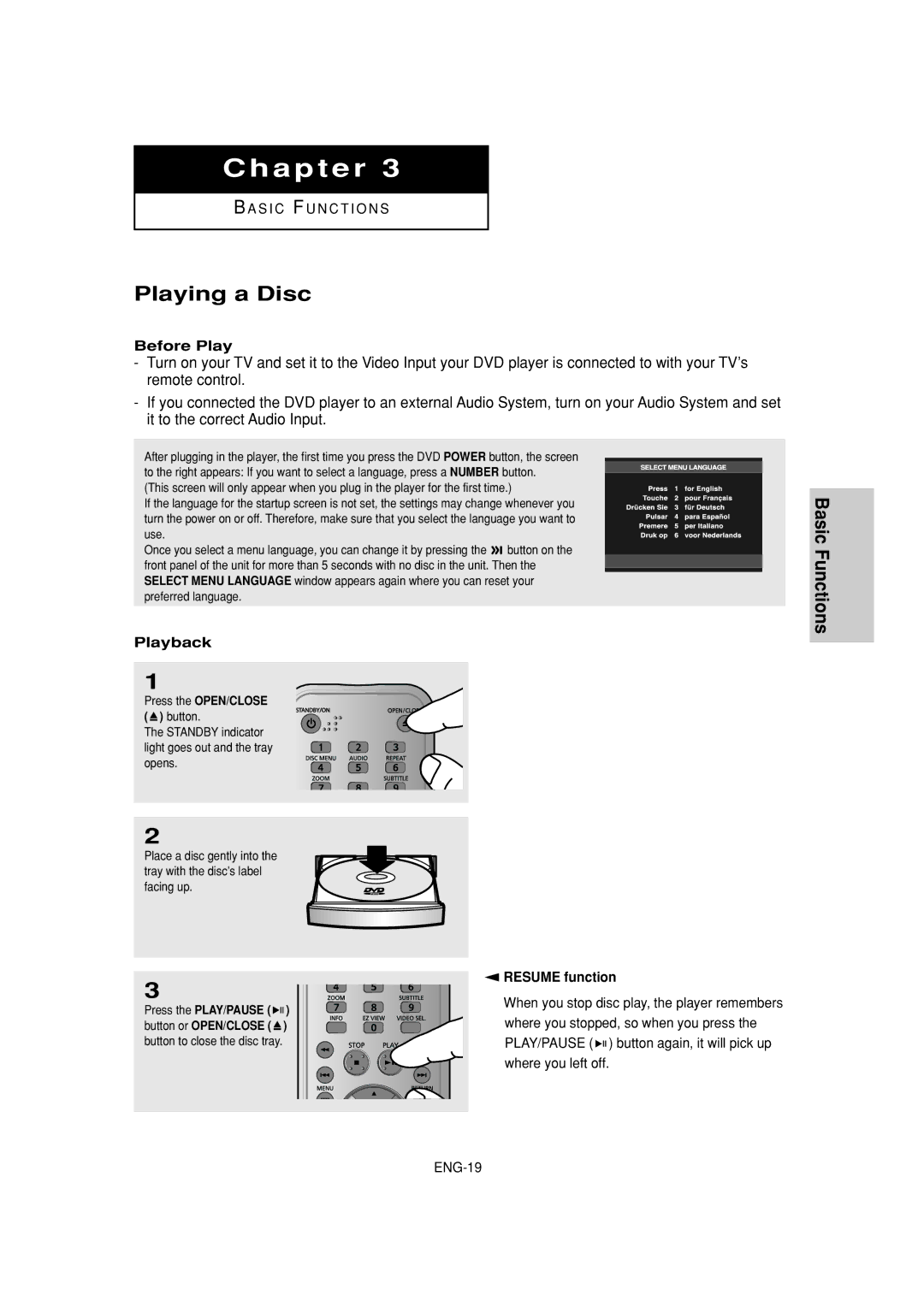 Samsung DVD-FP580W, DVD-F1080W manual Playing a Disc, Before Play, Playback, Resume function 