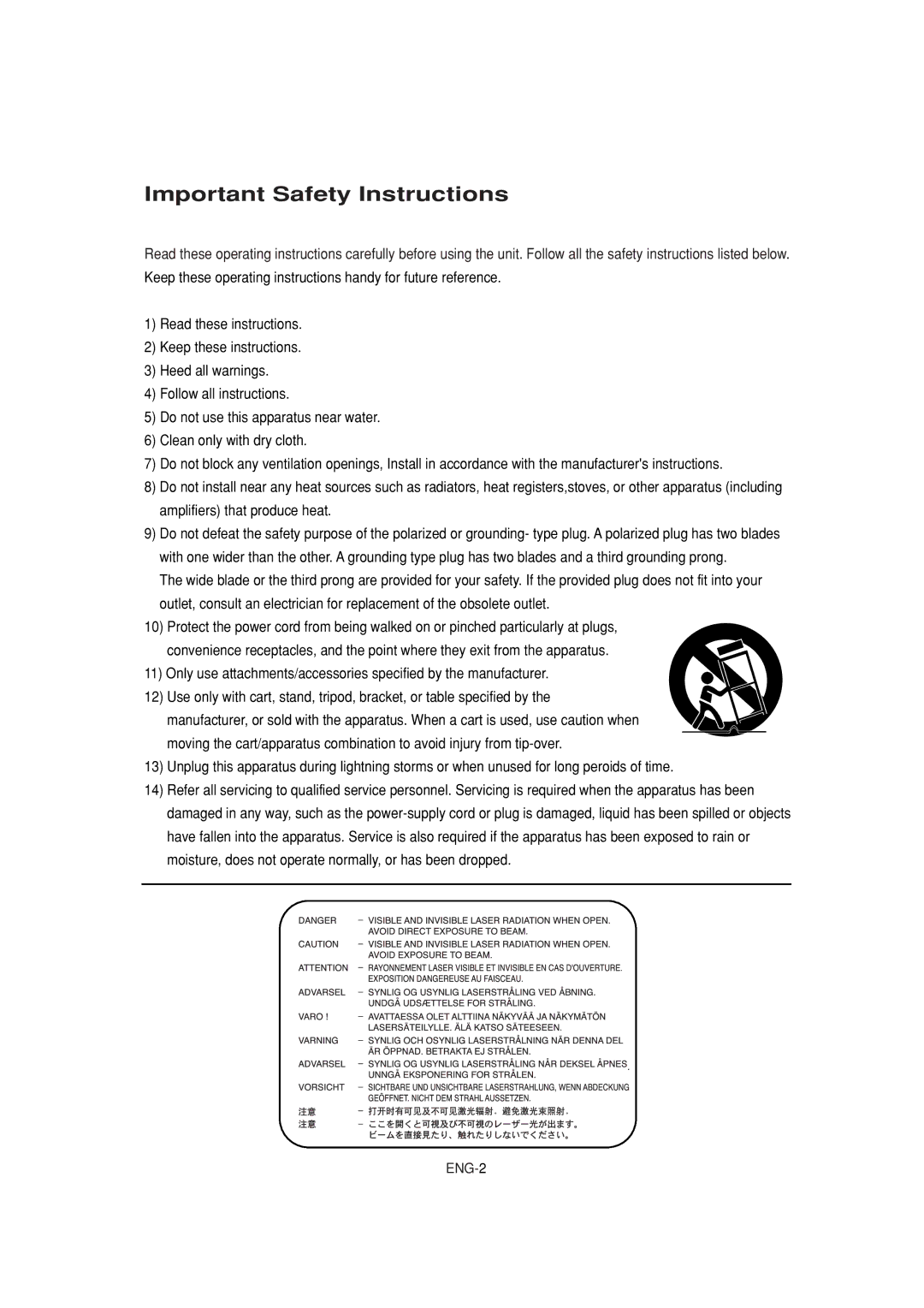 Samsung DVD-F1080W, DVD-FP580W manual Important Safety Instructions 