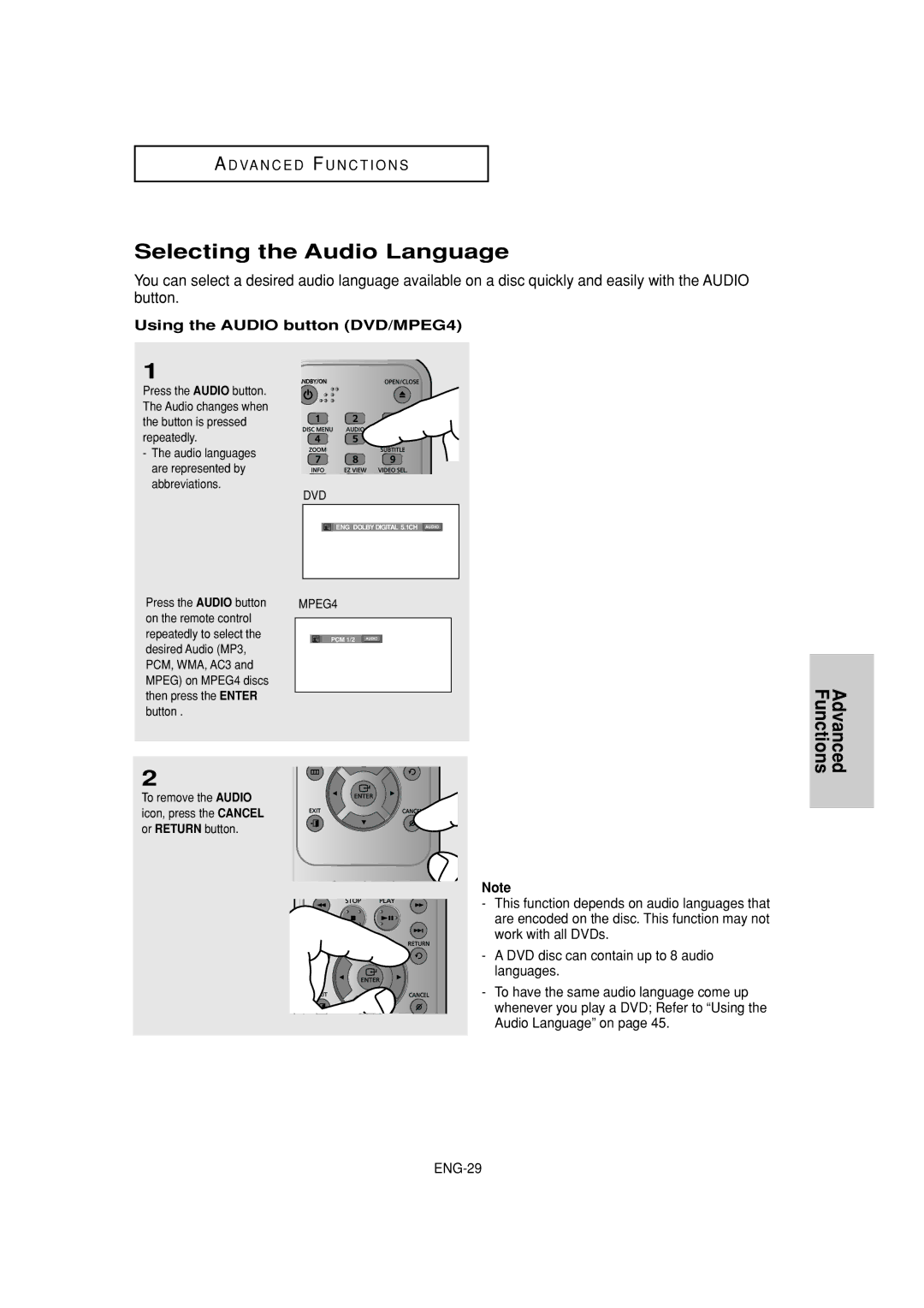 Samsung DVD-FP580W, DVD-F1080W manual Selecting the Audio Language, Advanced Functions, Using the Audio button DVD/MPEG4 