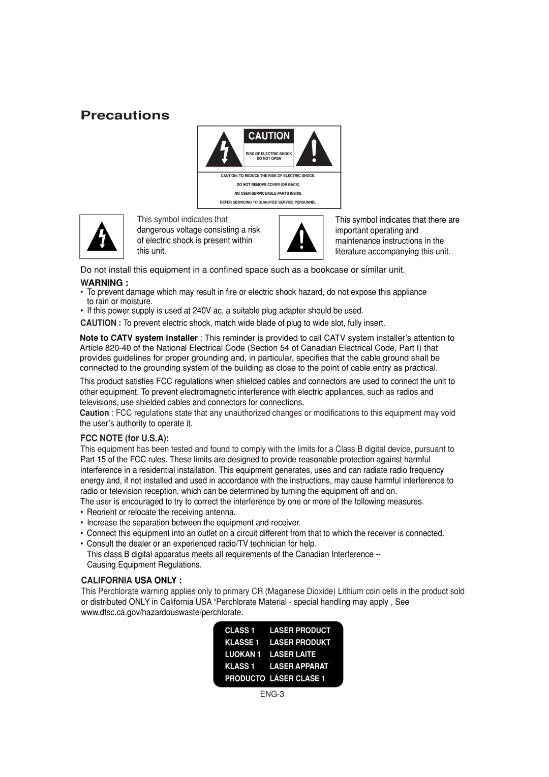 Samsung DVD-FP580W, DVD-F1080W manual Precautions, FCC Note for U.S.A 