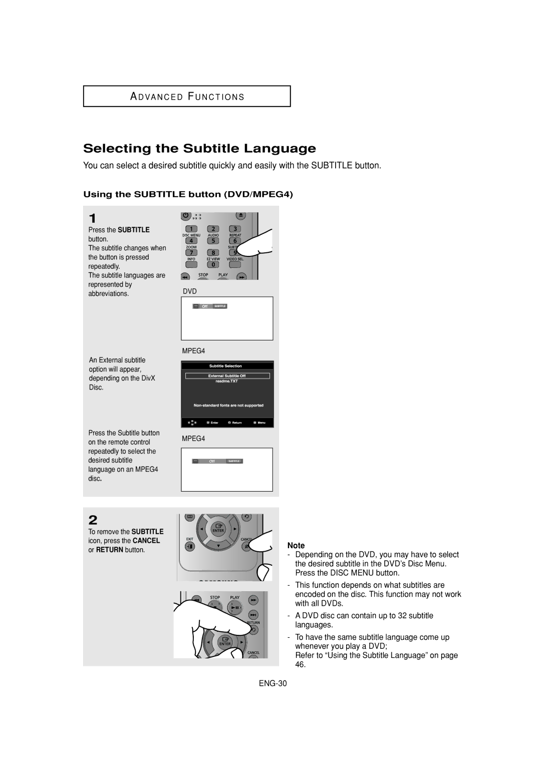 Samsung DVD-F1080W, DVD-FP580W manual Selecting the Subtitle Language, Using the Subtitle button DVD/MPEG4 