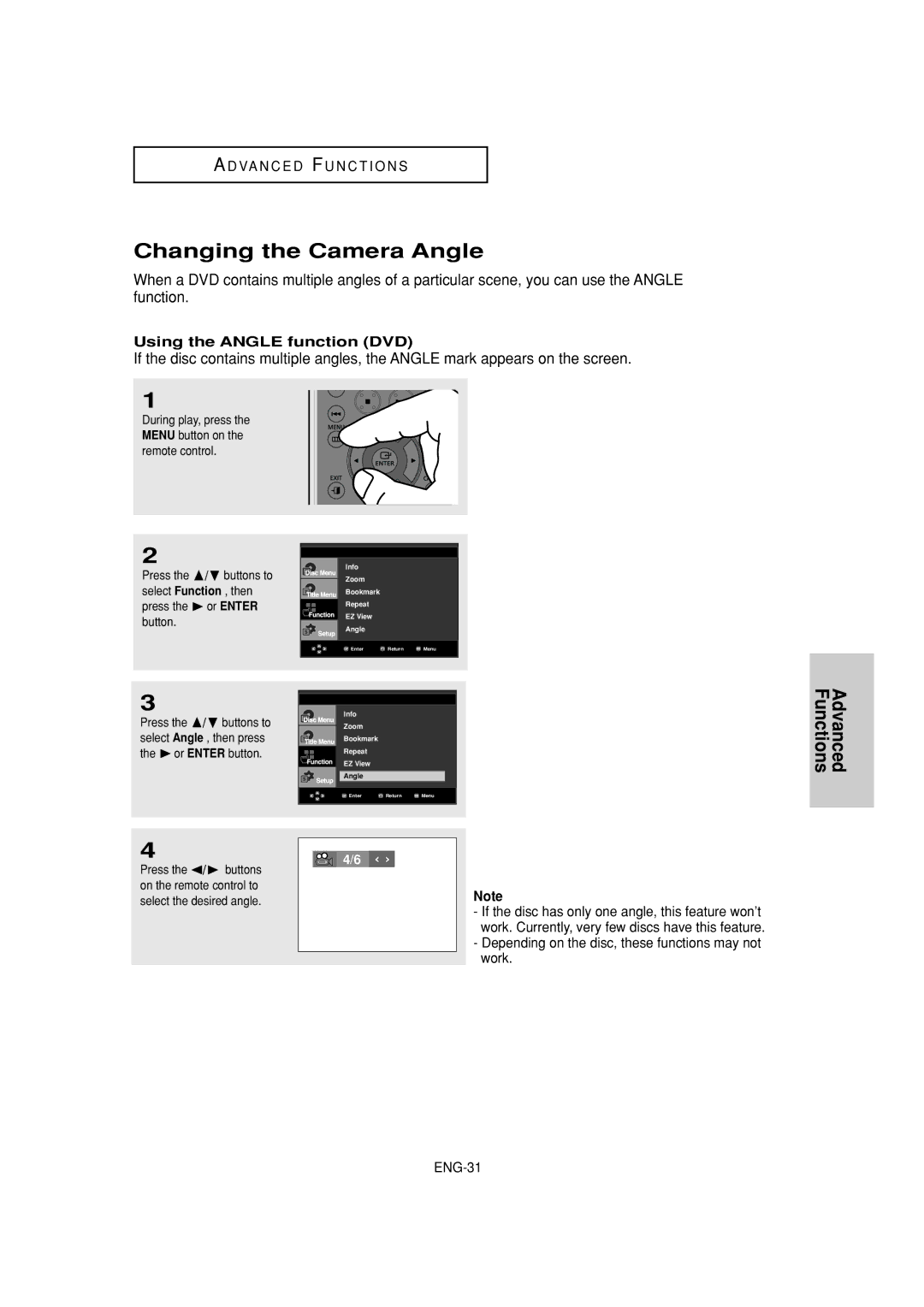 Samsung DVD-FP580W, DVD-F1080W manual Changing the Camera Angle, Using the Angle function DVD 