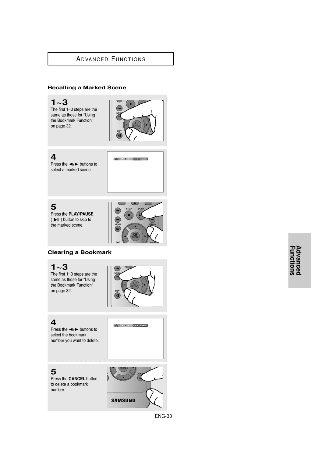 Samsung DVD-FP580W Recalling a Marked Scene, Clearing a Bookmark, Press the PLAY/PAUSE Button to skip to the marked scene 