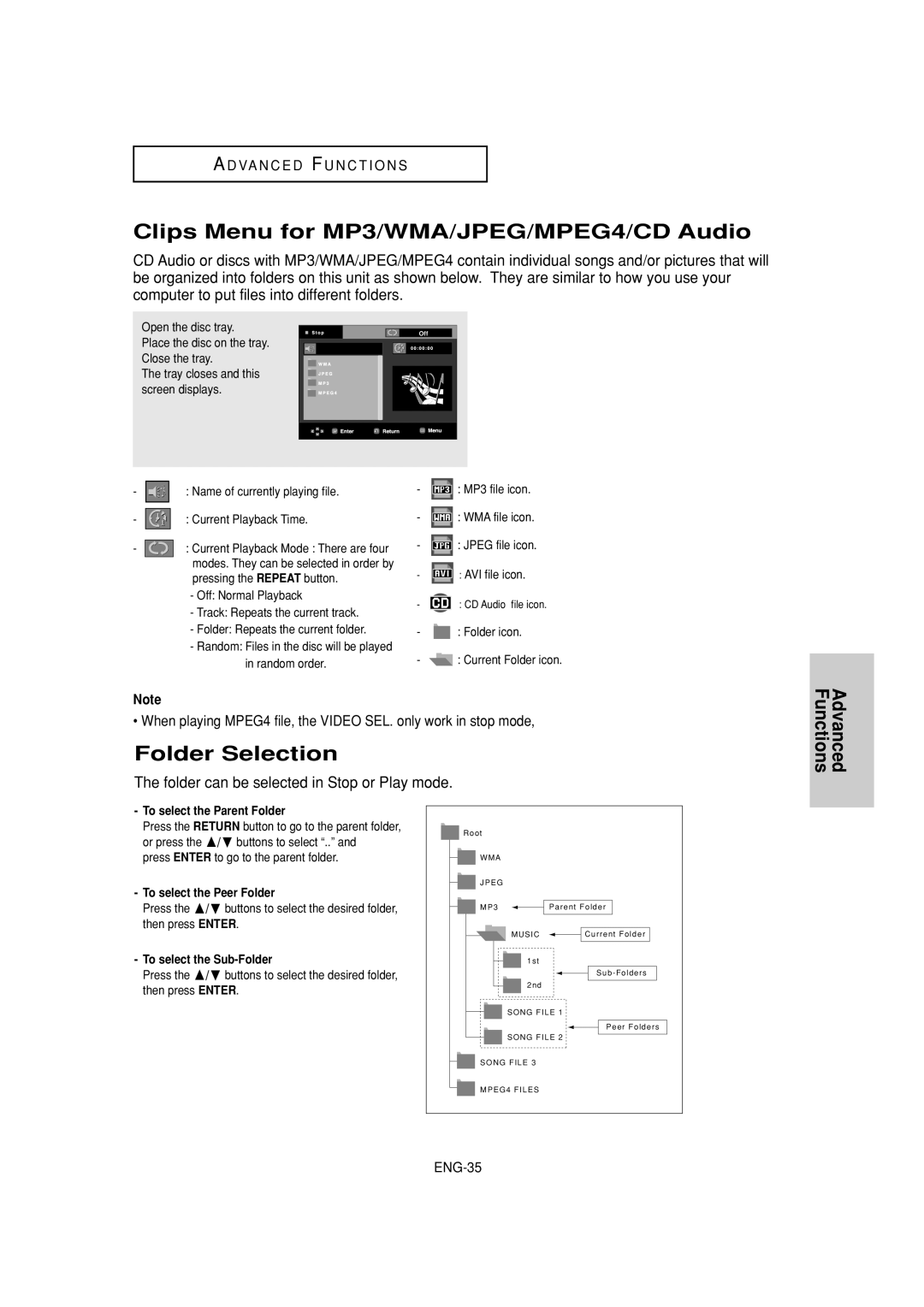 Samsung DVD-FP580W, DVD-F1080W Clips Menu for MP3/WMA/JPEG/MPEG4/CD Audio, Folder Selection, To select the Parent Folder 