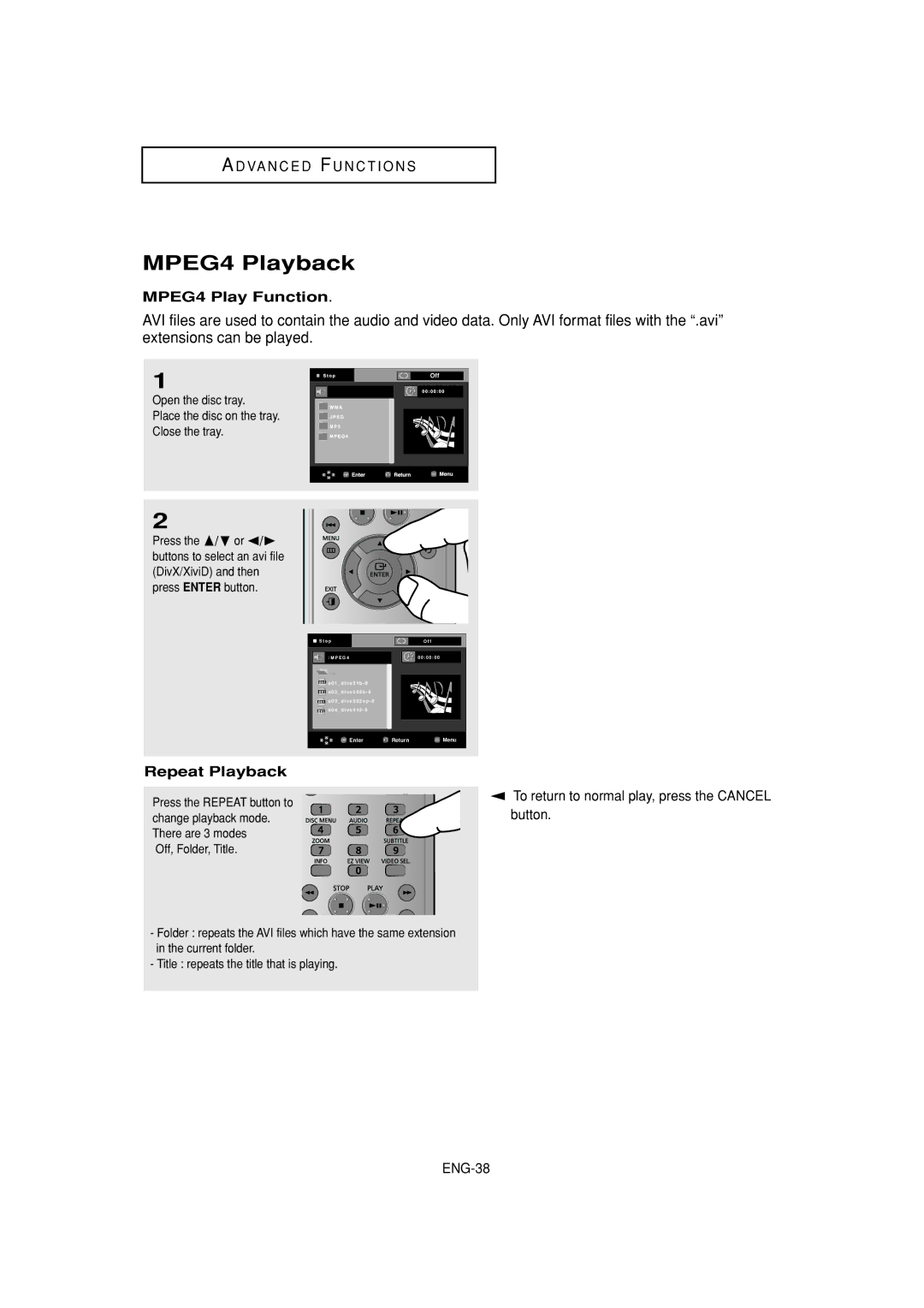 Samsung DVD-F1080W, DVD-FP580W manual MPEG4 Playback, MPEG4 Play Function, Repeat Playback 