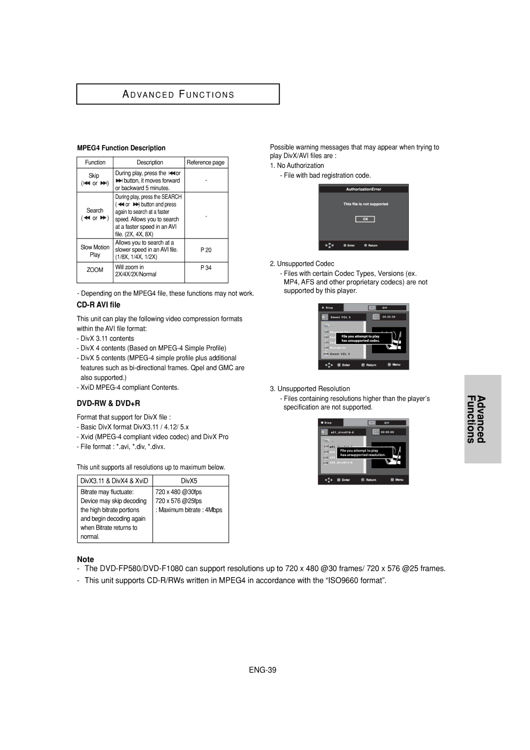 Samsung DVD-FP580W, DVD-F1080W manual CD-R AVI file, MPEG4 Function Description, DivX5 