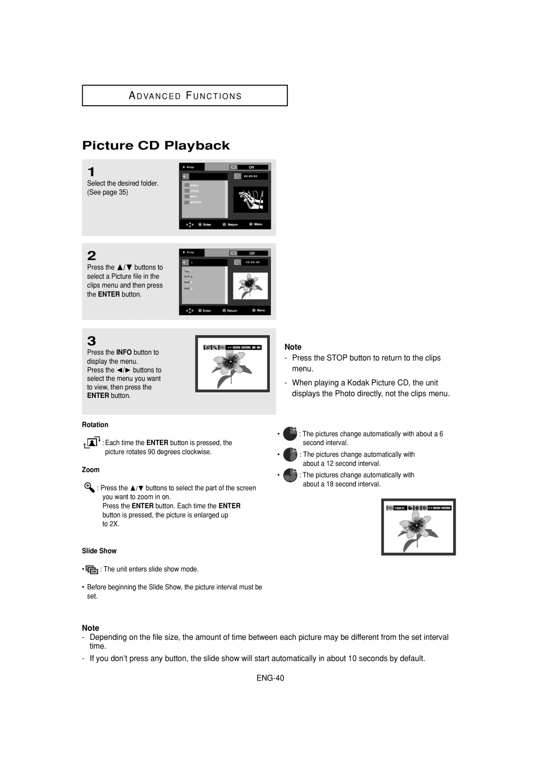 Samsung DVD-F1080W, DVD-FP580W manual Picture CD Playback, Rotation, Zoom, Slide Show 