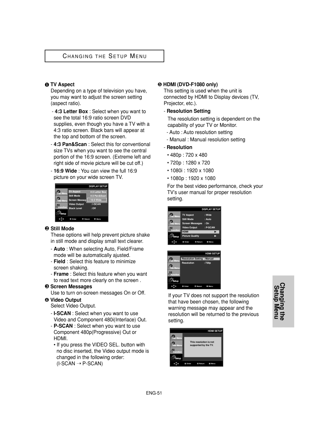 Samsung DVD-FP580W ❶ TV Aspect, ❷ Still Mode, ❸ Screen Messages, ❹ Video Output Select Video Output, ❺ Hdmi DVD-F1080 only 