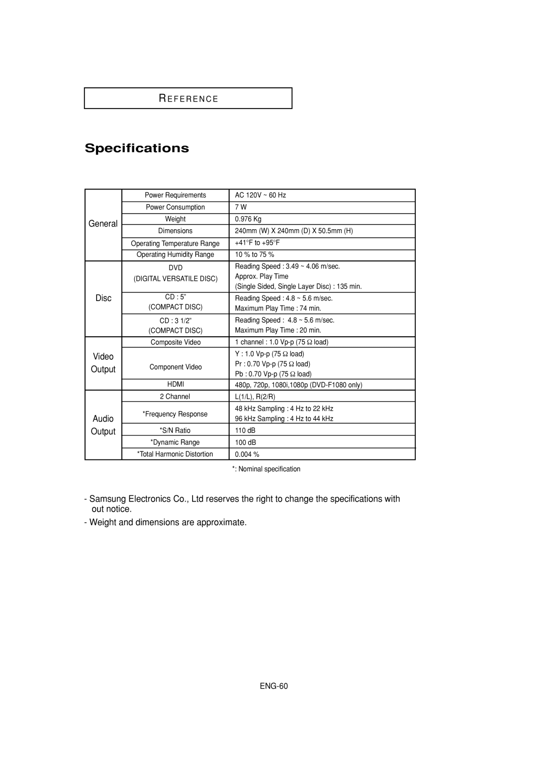 Samsung DVD-F1080W, DVD-FP580W manual Specifications 