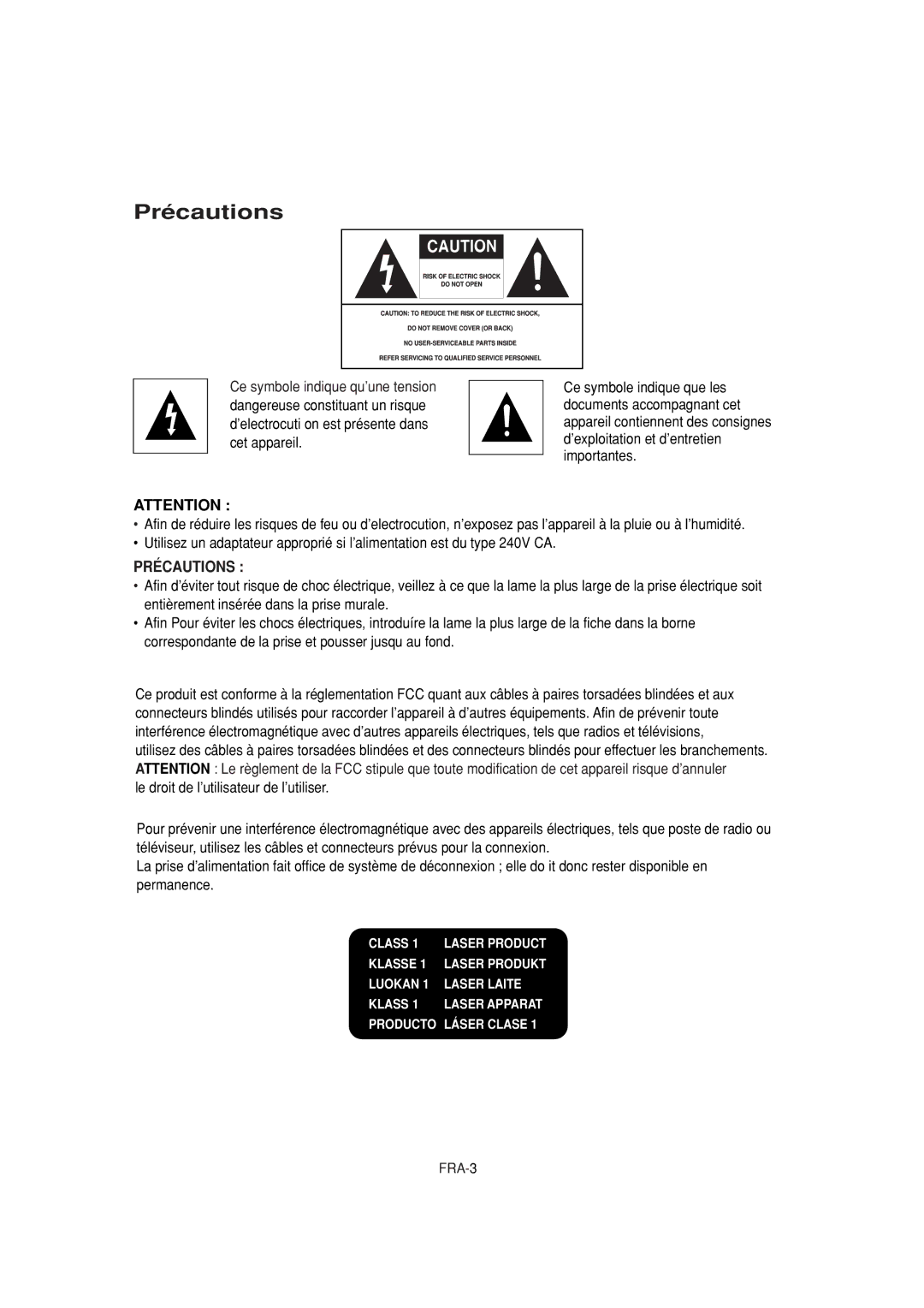 Samsung DVD-FP580W, DVD-F1080W manual Précautions 