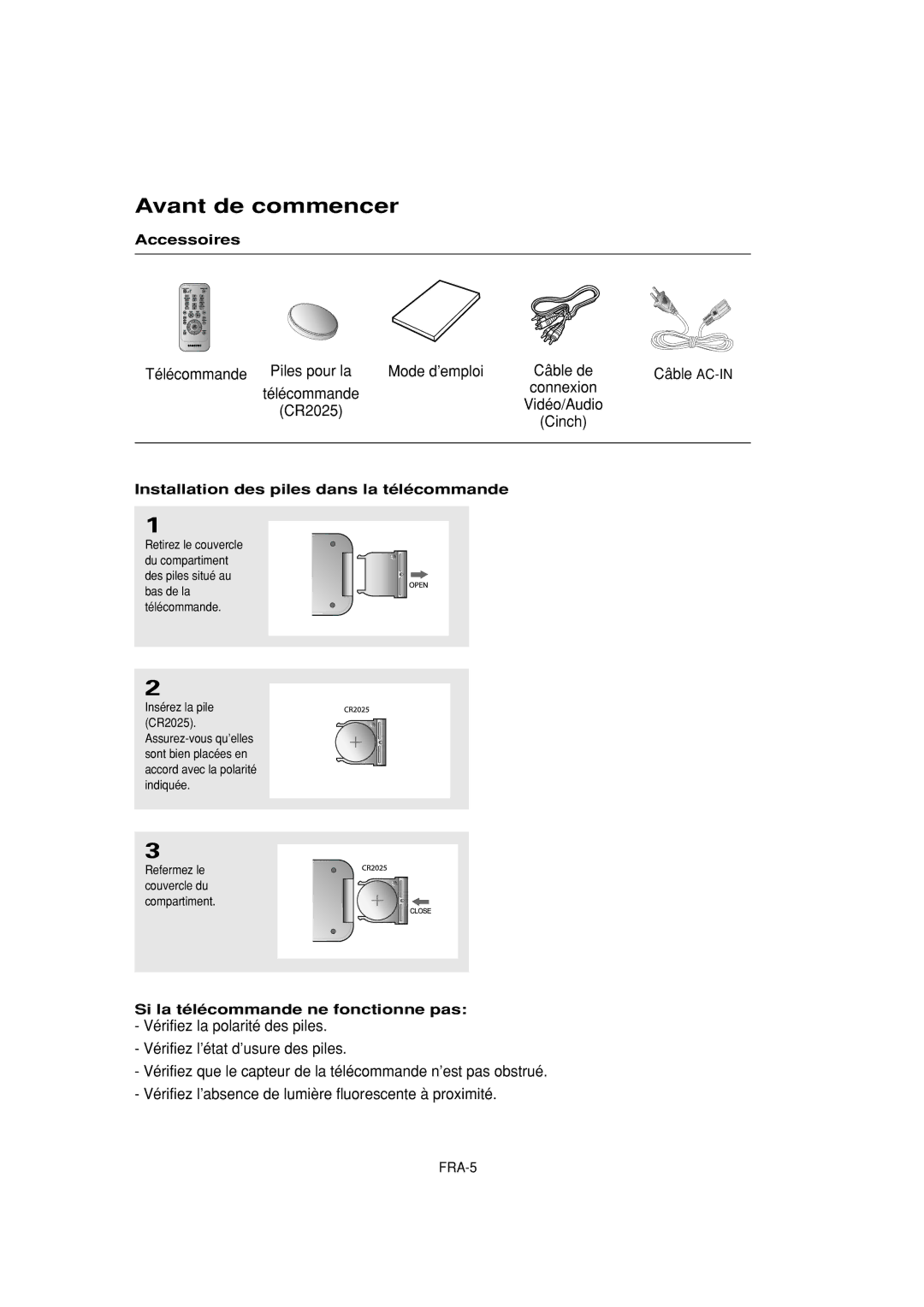 Samsung DVD-FP580W, DVD-F1080W manual Avant de commencer, Accessoires, Installation des piles dans la télécommande 