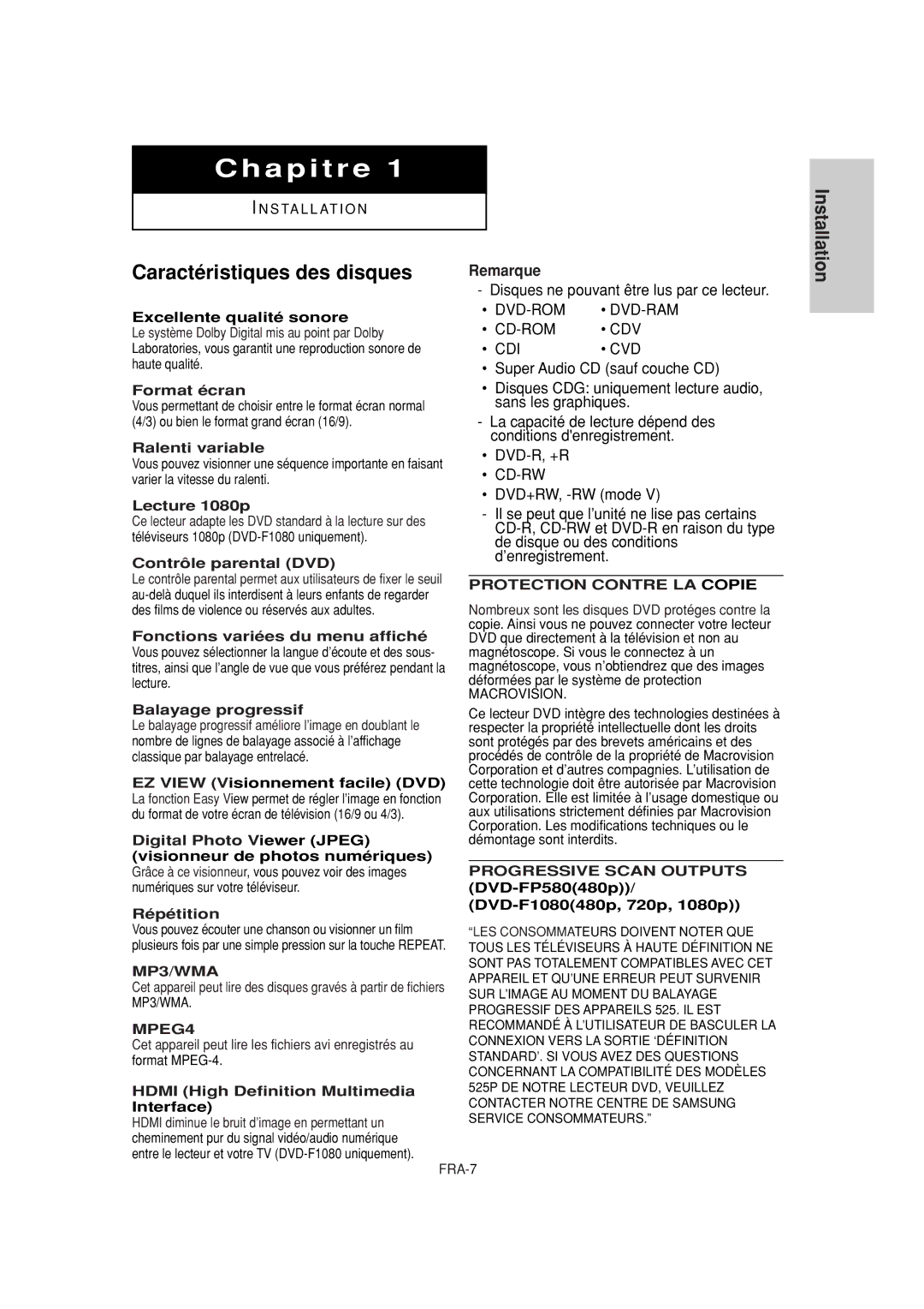 Samsung DVD-FP580W, DVD-F1080W manual Caractéristiques des disques 