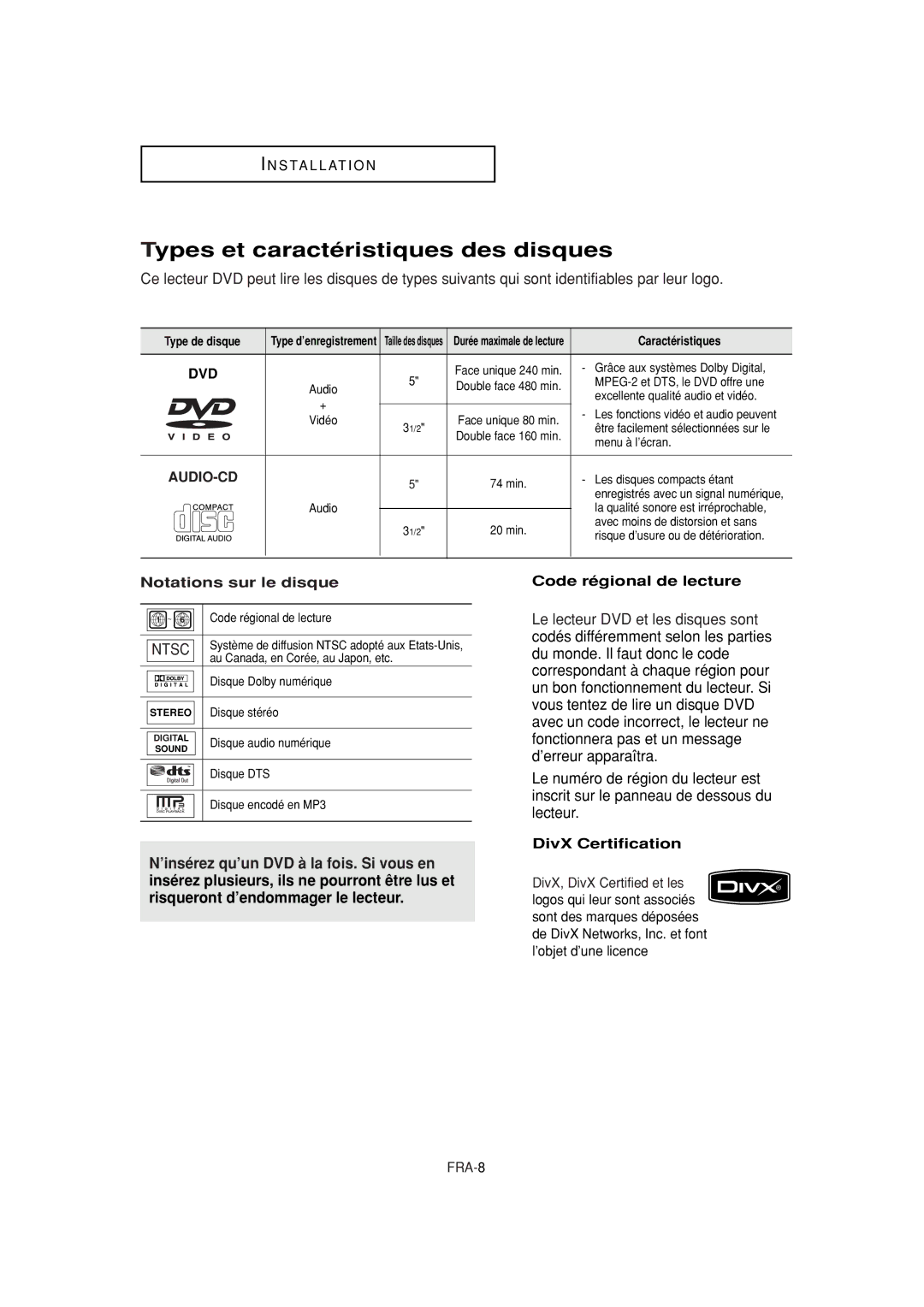 Samsung DVD-F1080W, DVD-FP580W Types et caractéristiques des disques, Notations sur le disque, Code régional de lecture 