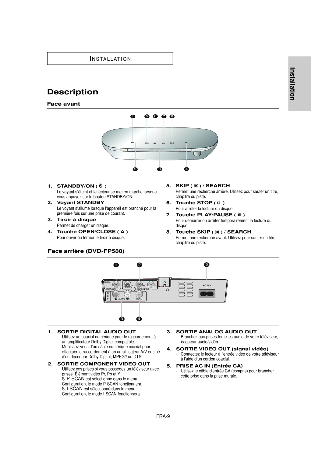 Samsung DVD-FP580W, DVD-F1080W manual Face avant, Face arrière DVD-FP580 