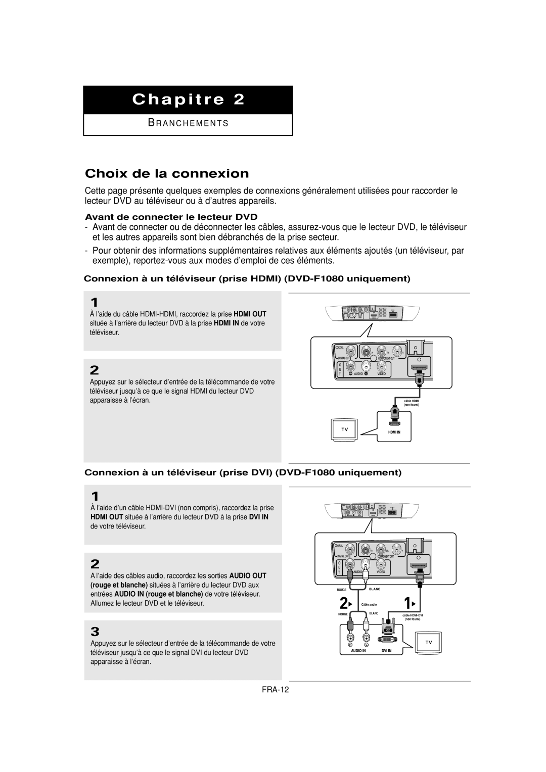 Samsung DVD-F1080W, DVD-FP580W manual Choix de la connexion, Avant de connecter le lecteur DVD 