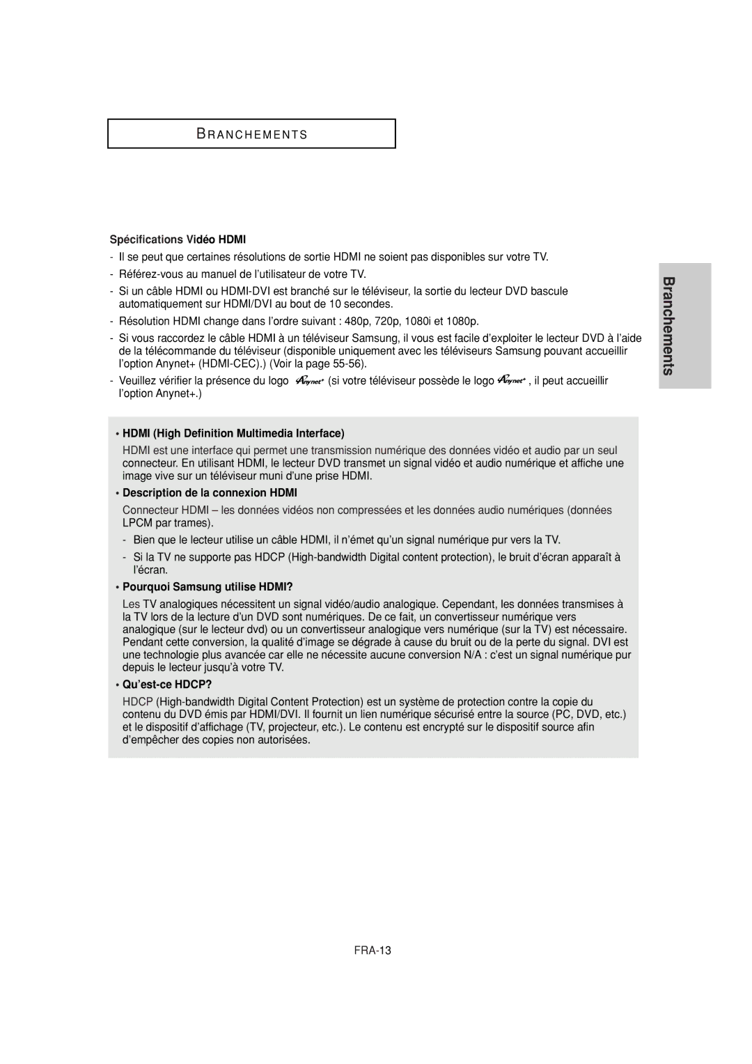 Samsung DVD-FP580W, DVD-F1080W Spécifications Vidéo Hdmi, Description de la connexion Hdmi, Pourquoi Samsung utilise HDMI? 