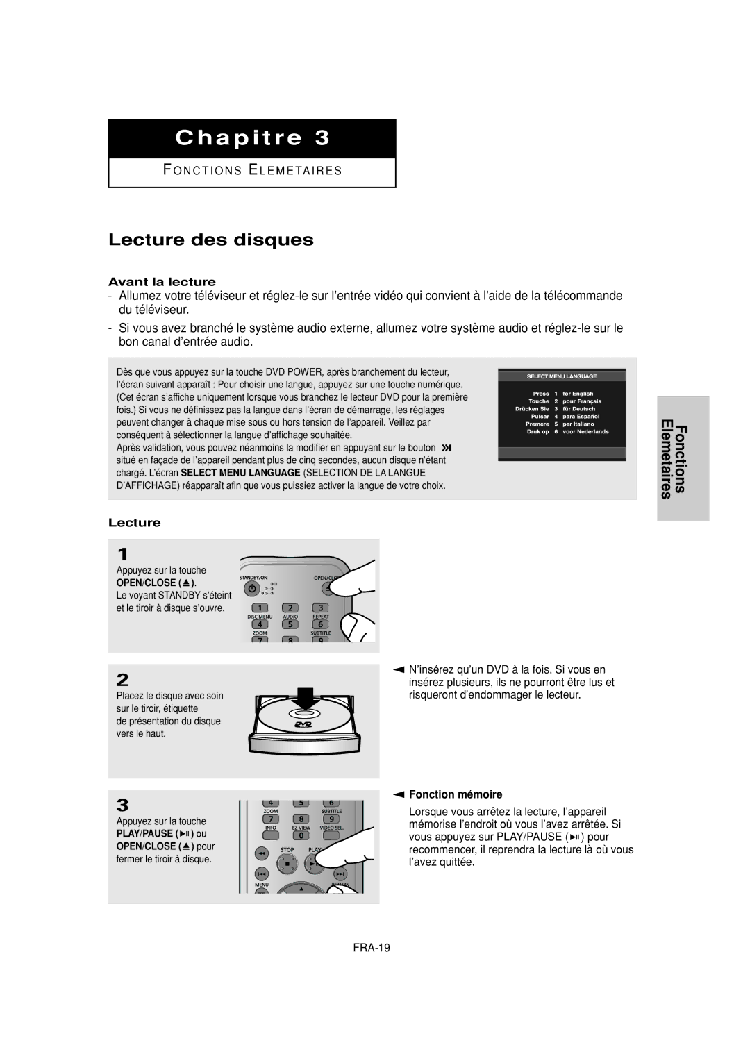 Samsung DVD-FP580W, DVD-F1080W manual Lecture des disques, Avant la lecture, Fonction mémoire, Appuyez sur la touche 