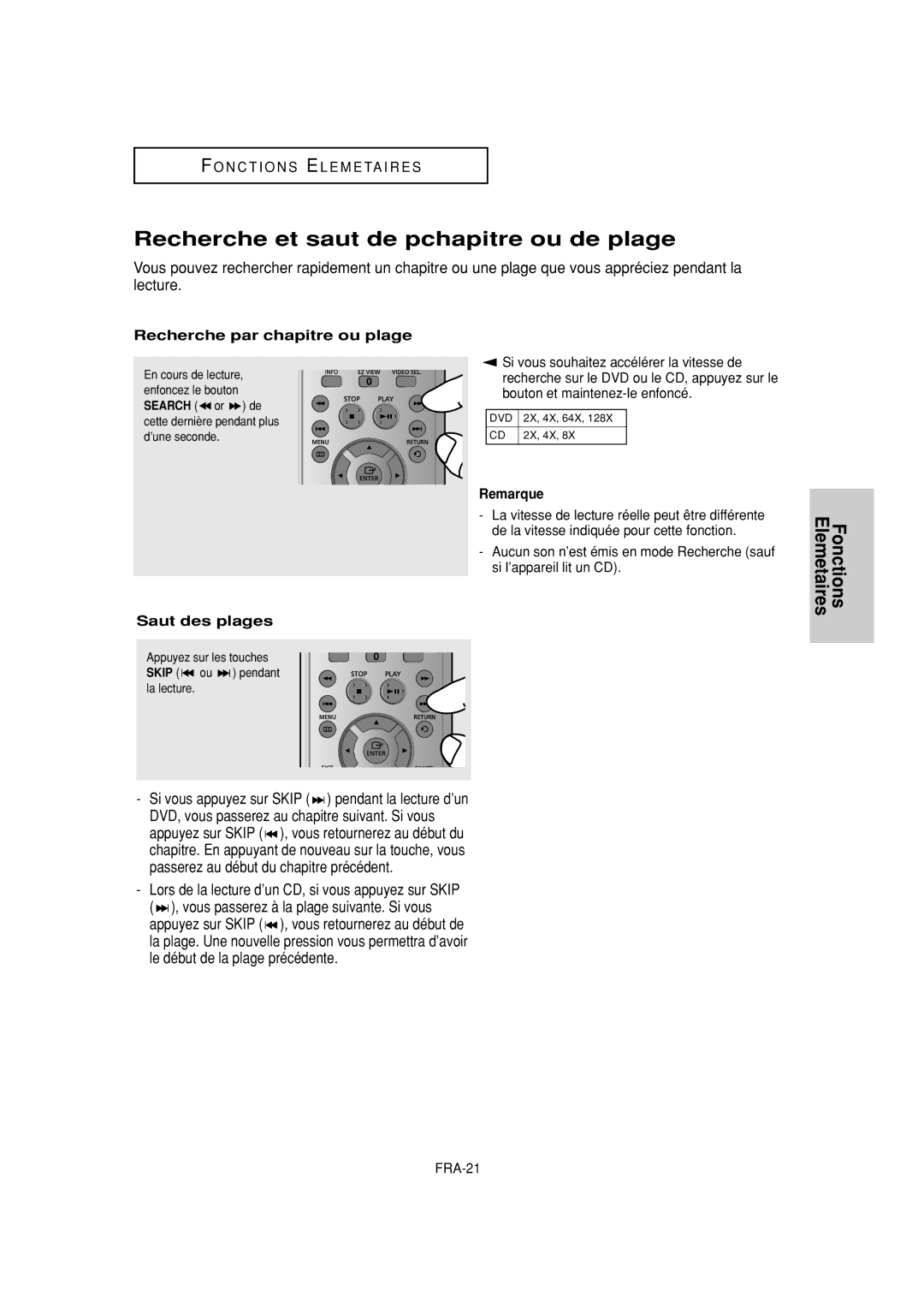 Samsung DVD-FP580W manual Recherche et saut de pchapitre ou de plage, Recherche par chapitre ou plage, Saut des plages 