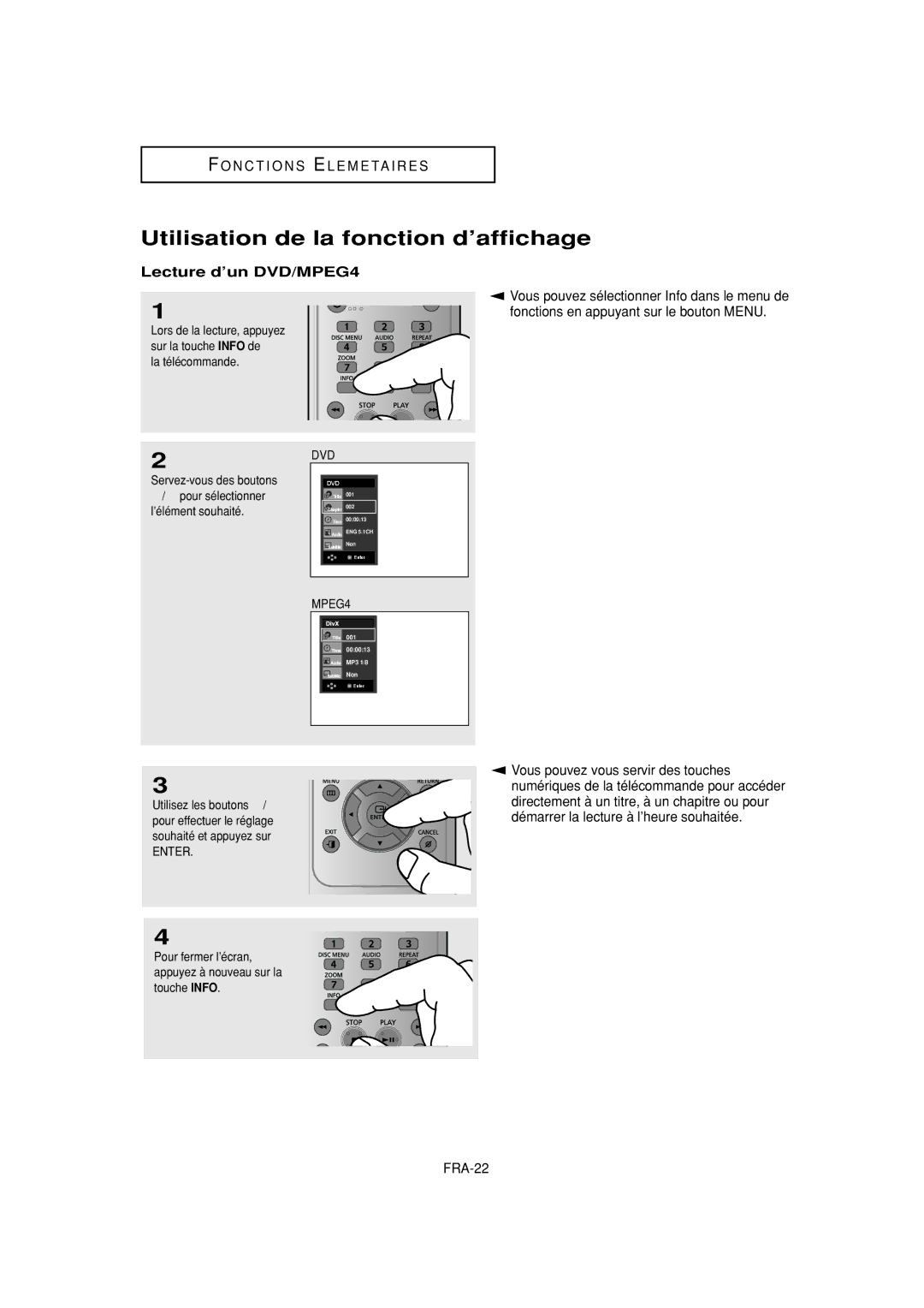 Samsung DVD-F1080W, DVD-FP580W manual Utilisation de la fonction d’affichage, Lecture d’un DVD/MPEG4 