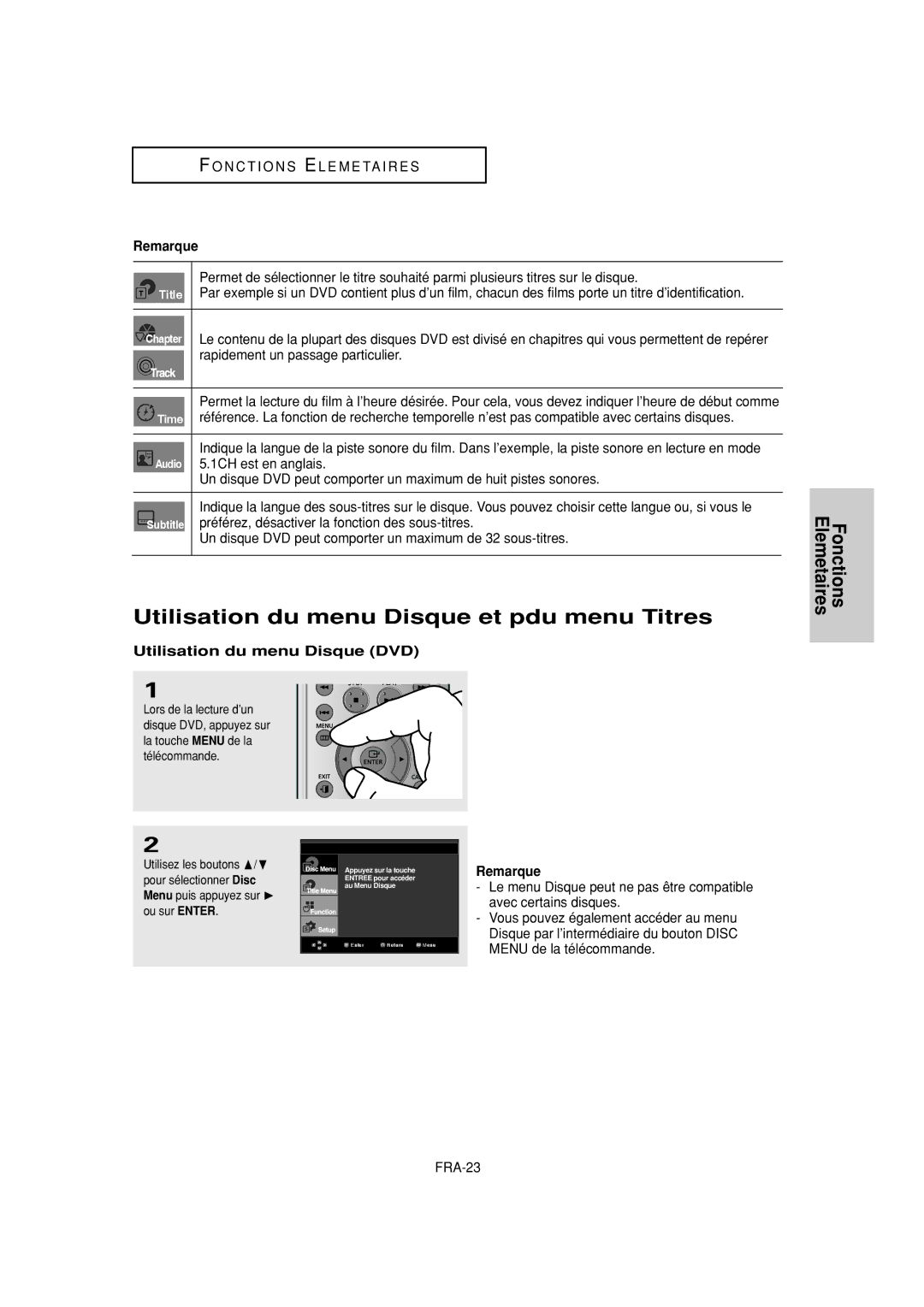 Samsung DVD-FP580W, DVD-F1080W manual Utilisation du menu Disque et pdu menu Titres, Utilisation du menu Disque DVD 