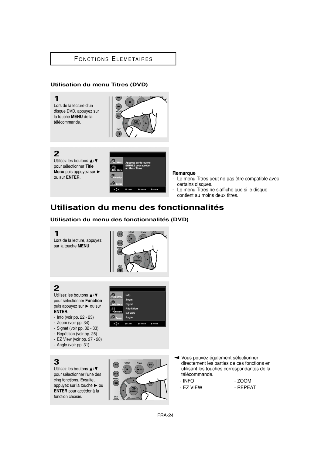 Samsung DVD-F1080W, DVD-FP580W manual Utilisation du menu des fonctionnalités, Utilisation du menu Titres DVD 