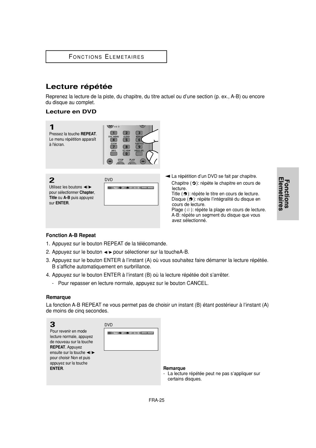 Samsung DVD-FP580W, DVD-F1080W manual Lecture répétée, Lecture en DVD, Fonction A-B Repeat, Utilisez les boutons / 