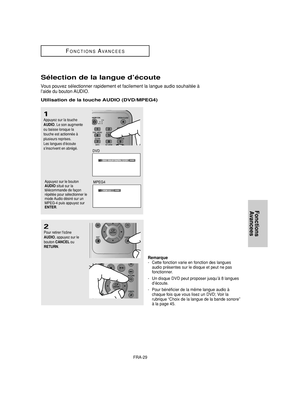 Samsung DVD-FP580W, DVD-F1080W manual Sélection de la langue d’écoute, Utilisation de la touche Audio DVD/MPEG4 