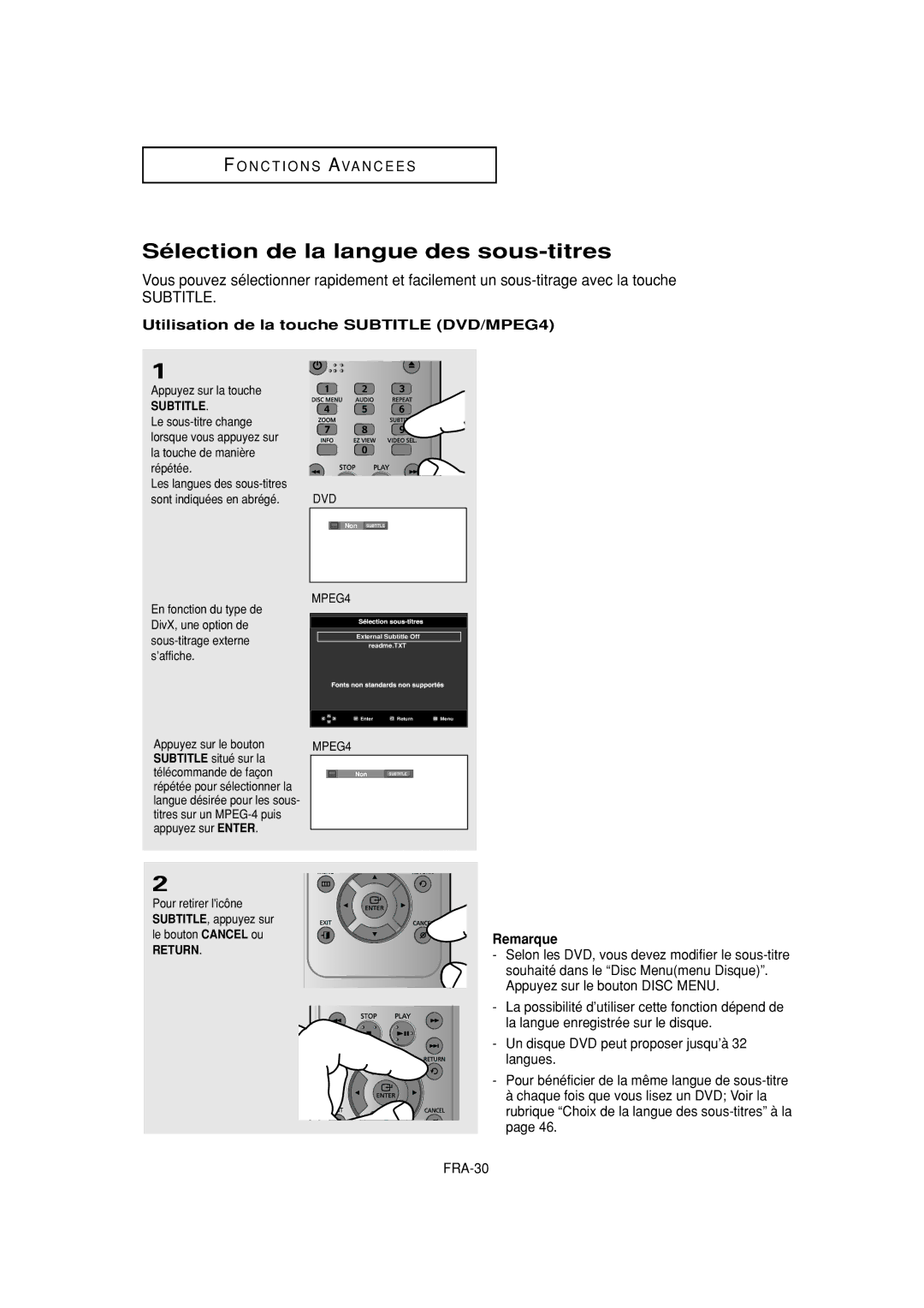 Samsung DVD-F1080W, DVD-FP580W manual Sélection de la langue des sous-titres, Utilisation de la touche Subtitle DVD/MPEG4 