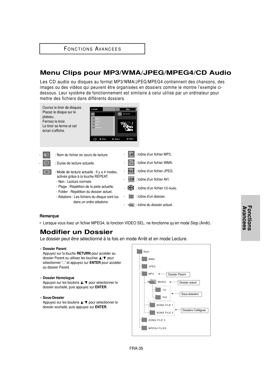 Samsung DVD-FP580W Menu Clips pour MP3/WMA/JPEG/MPEG4/CD Audio, Modifier un Dossier, Dossier Parent, Dossier Homologue 