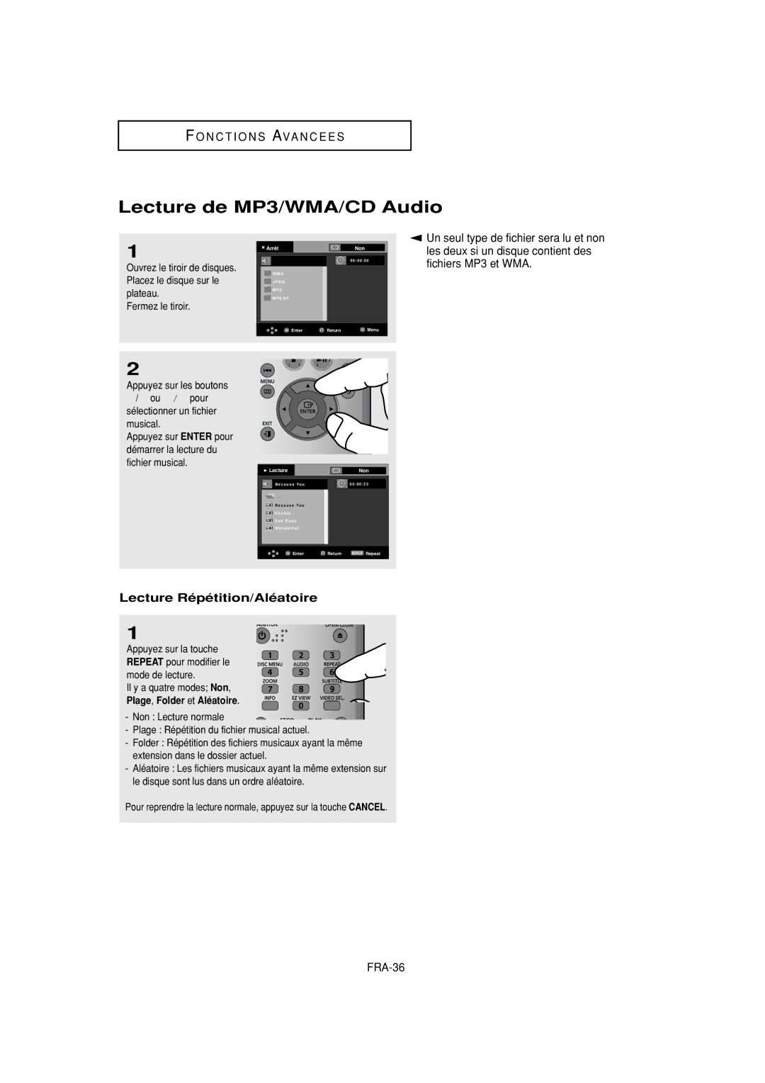 Samsung DVD-F1080W, DVD-FP580W manual Lecture de MP3/WMA/CD Audio, Lecture Répétition/Aléatoire, Plage, Folder et Aléatoire 