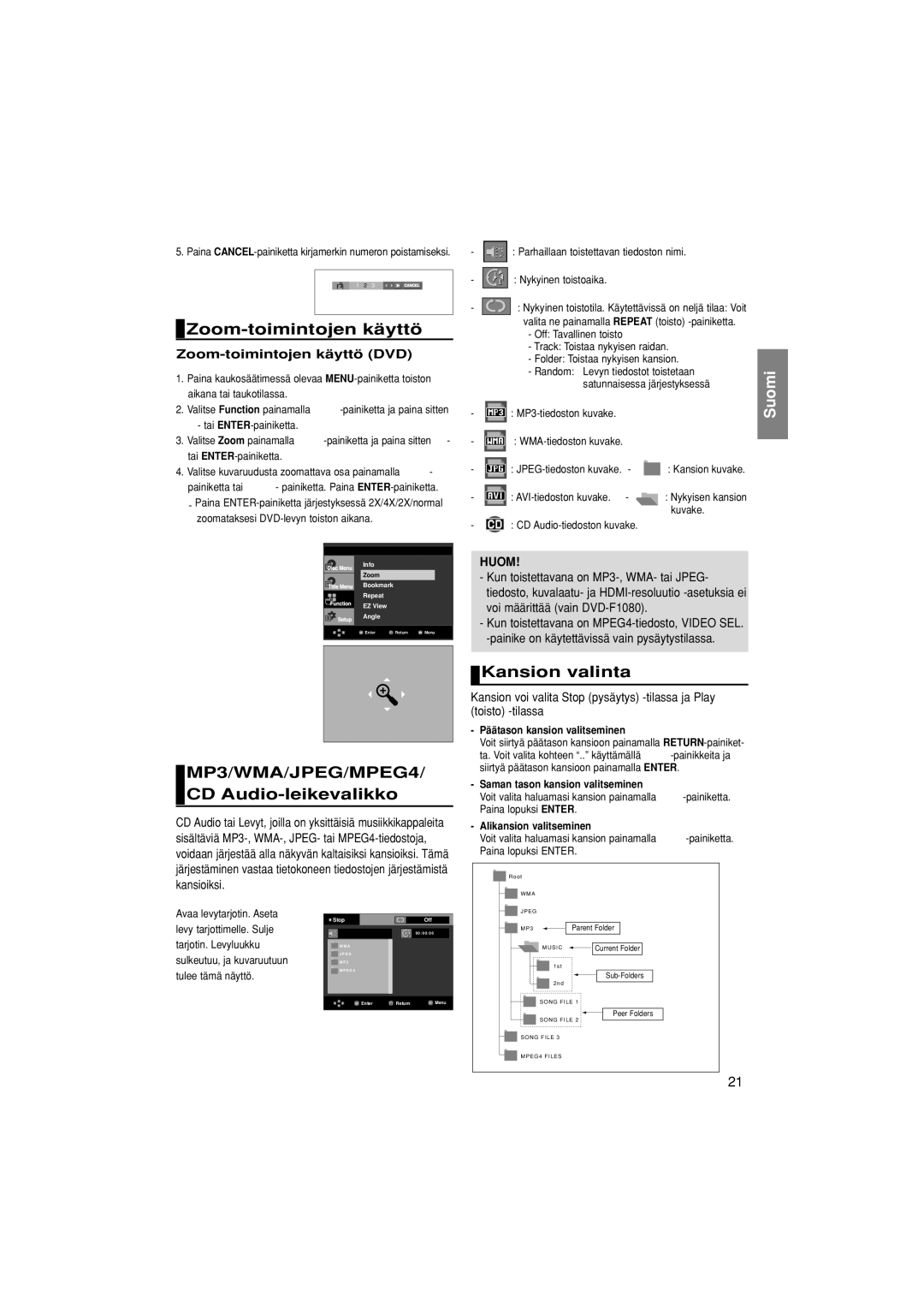 Samsung DVD-F1080/XEE, DVD-F1080W/XEE Zoom-toimintojen käyttö, MP3/WMA/JPEG/MPEG4/ CD Audio-leikevalikko, Kansion valinta 