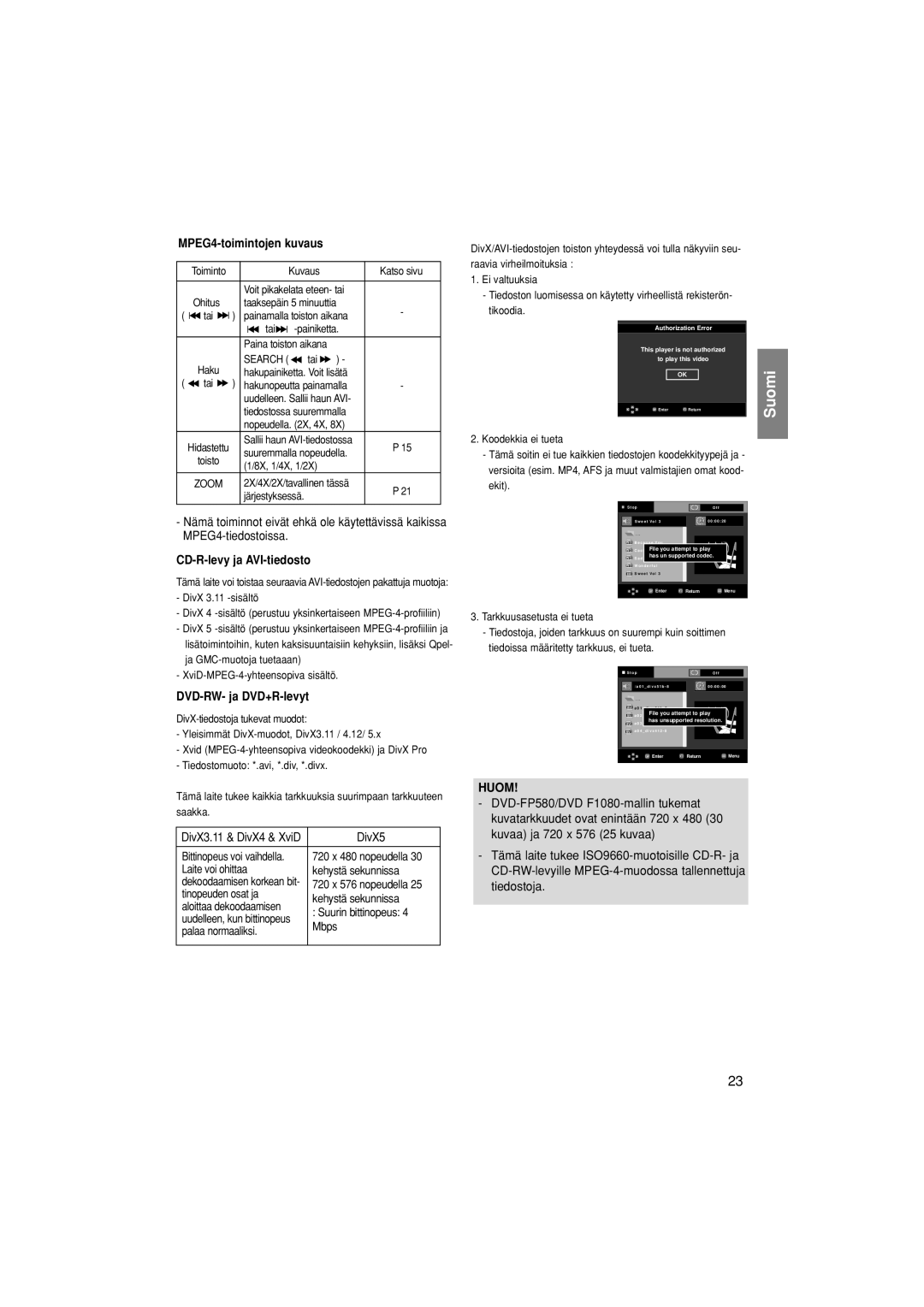 Samsung DVD-F1080/XEE, DVD-F1080W/XEE manual MPEG4-toimintojen kuvaus, CD-R-levy ja AVI-tiedosto, DVD-RW- ja DVD+R-levyt 