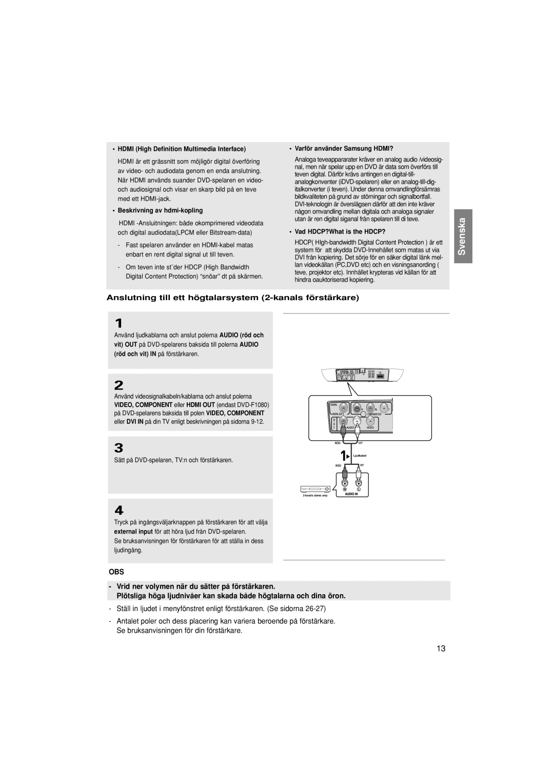 Samsung DVD-F1080/XEE Anslutning till ett högtalarsystem 2-kanals förstärkare, Hdmi High Definition Multimedia Interface 