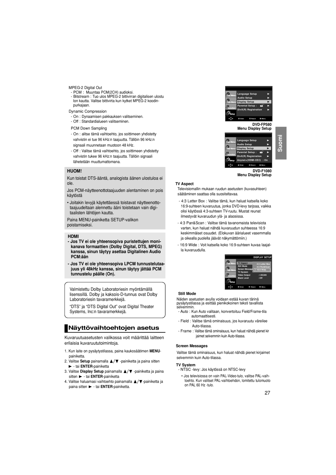 Samsung DVD-F1080/XEE, DVD-F1080W/XEE manual Näyttövaihtoehtojen asetus, Hdmi 
