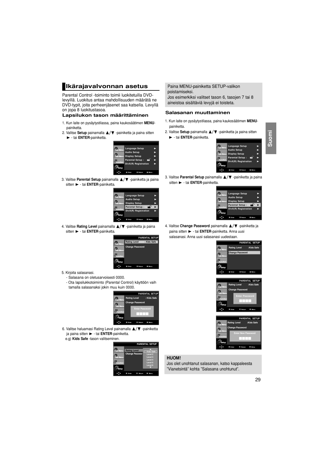 Samsung DVD-F1080/XEE, DVD-F1080W/XEE manual Ikärajavalvonnan asetus, Lapsilukon tason määrittäminen, Salasanan muuttaminen 